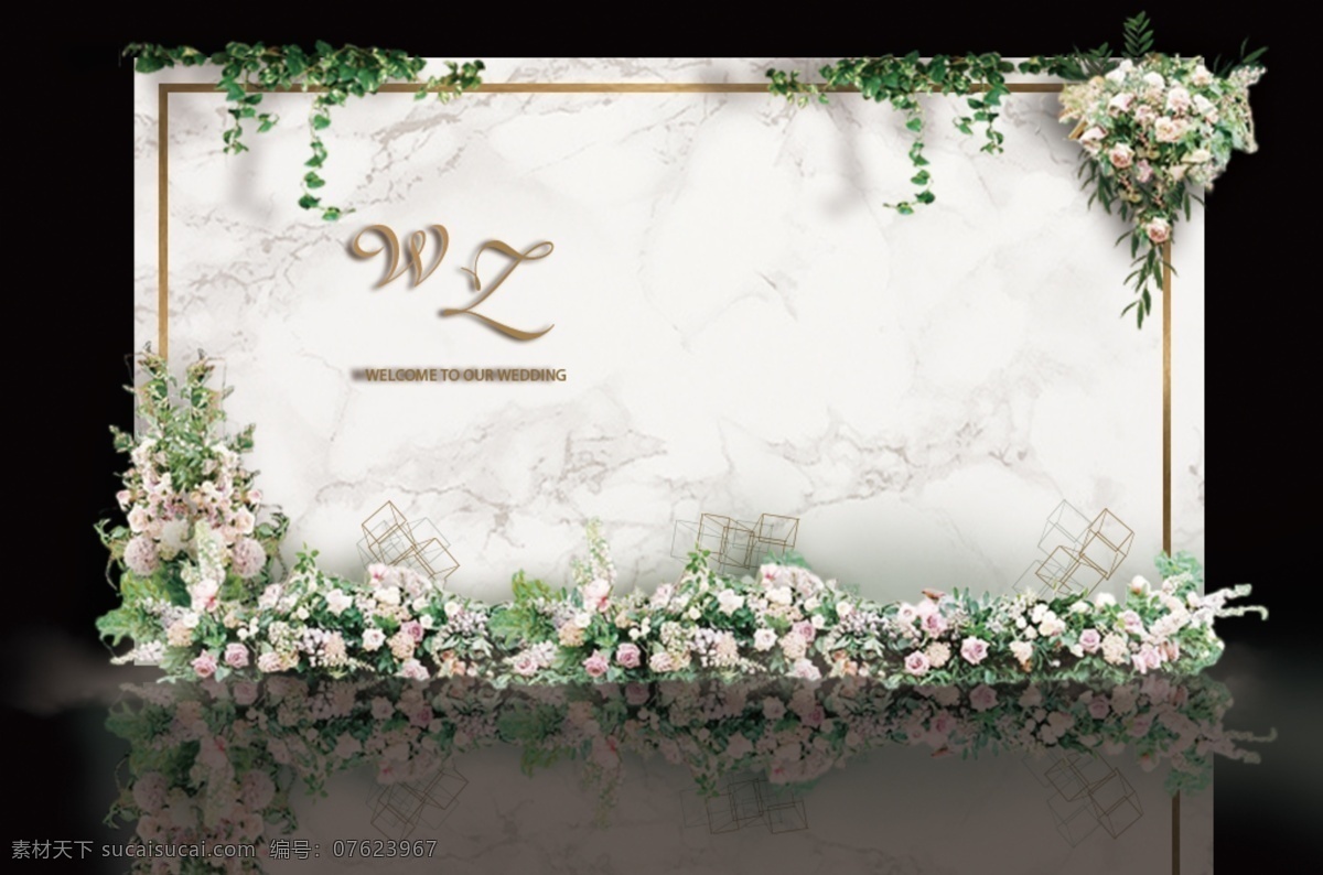 大气 简约 大理石 婚礼 背景 迎宾 区 合影 效果图 金色边条 大理石背景 简约婚礼 psd文件 pvc字体 粉白色花艺 金色铁艺 大气白色婚礼