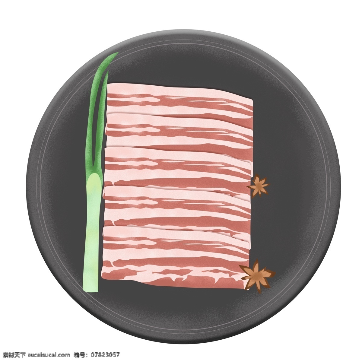 手绘 装 盘子 里面 新鲜 生 猪肉 元素 手绘猪肉 深色盘子 手绘大葱 手绘八角 香料八角