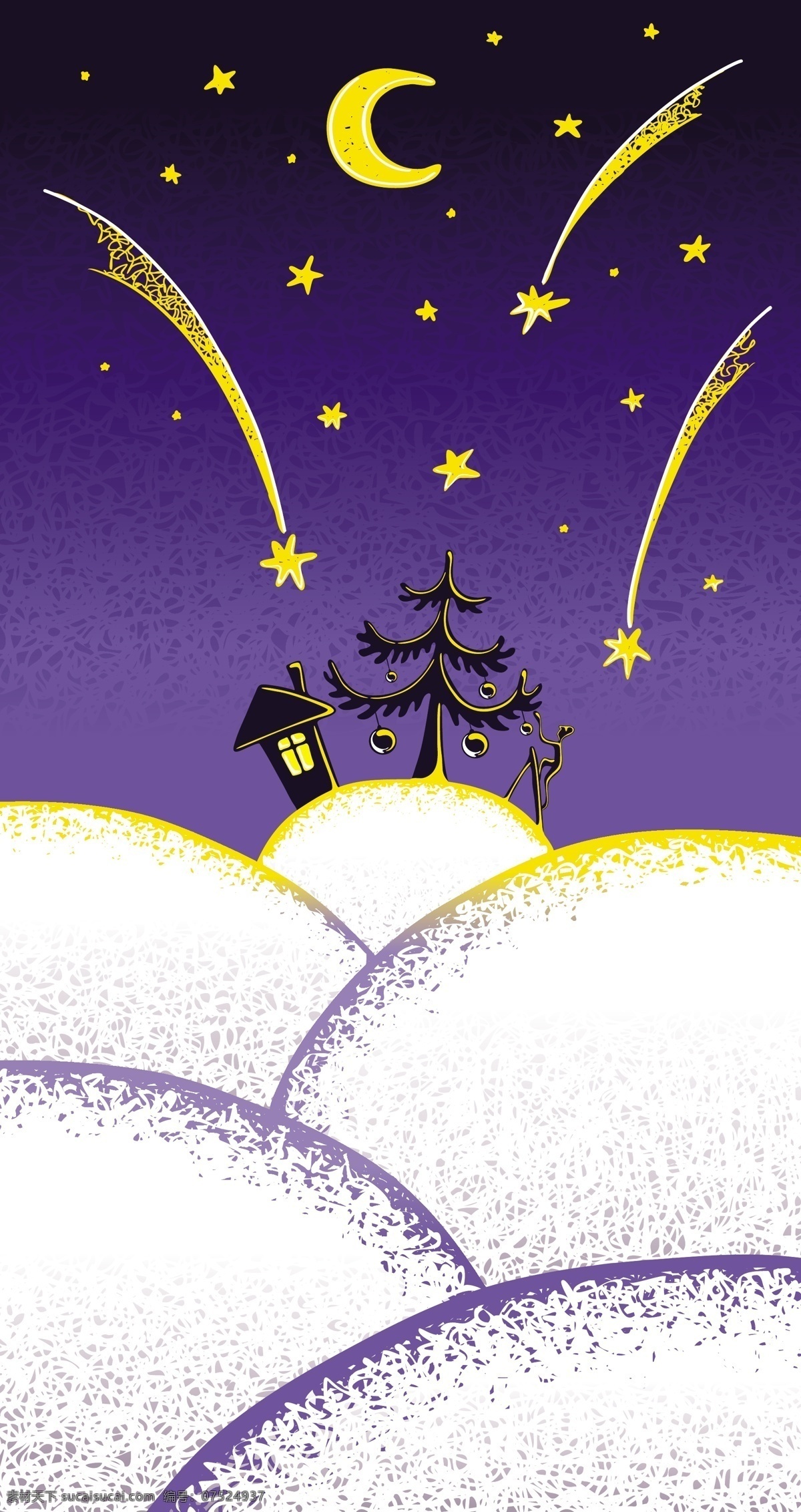 夜景 星星 插画 插图 房子 景色 流星 圣诞节 圣诞树 矢量素材 雪地 月亮 节日素材