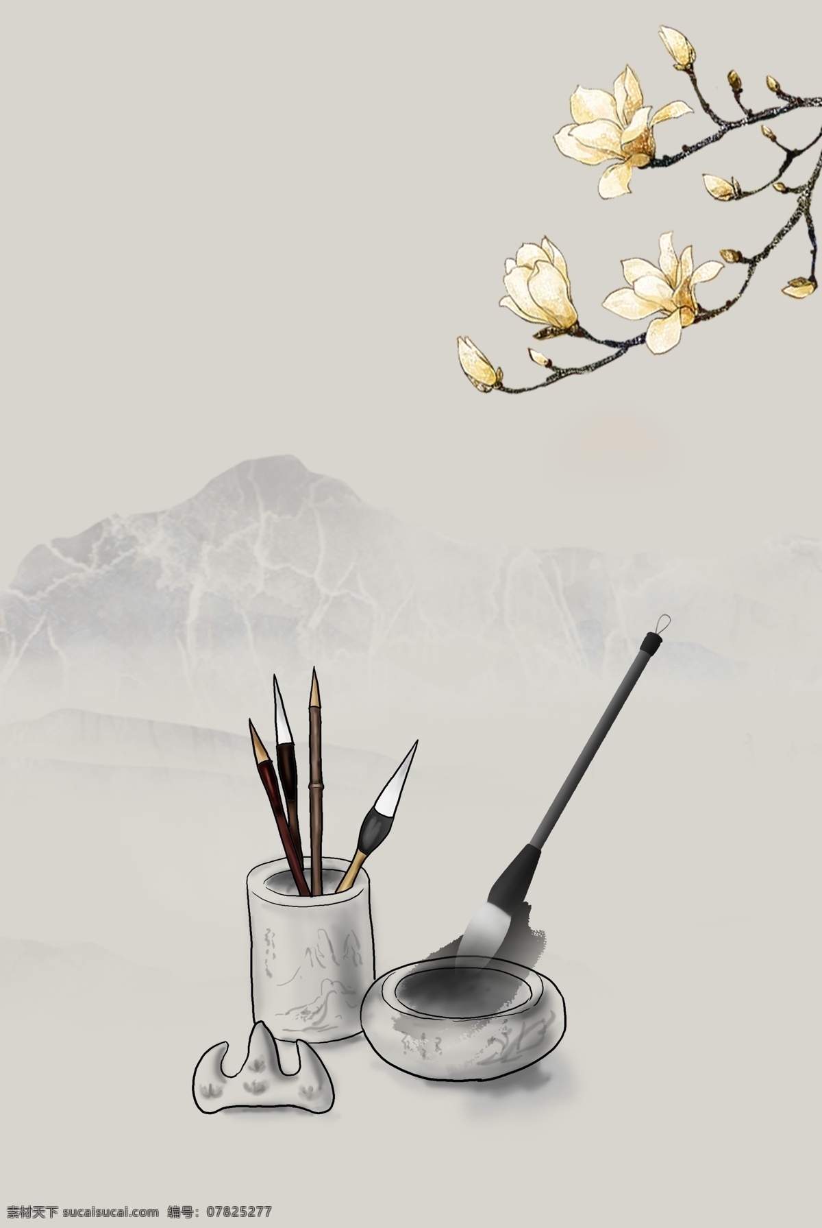 桃花 典雅 砚台 毛笔 背景 山水 水墨 中国风 复古 大气 简约 笔墨 传统