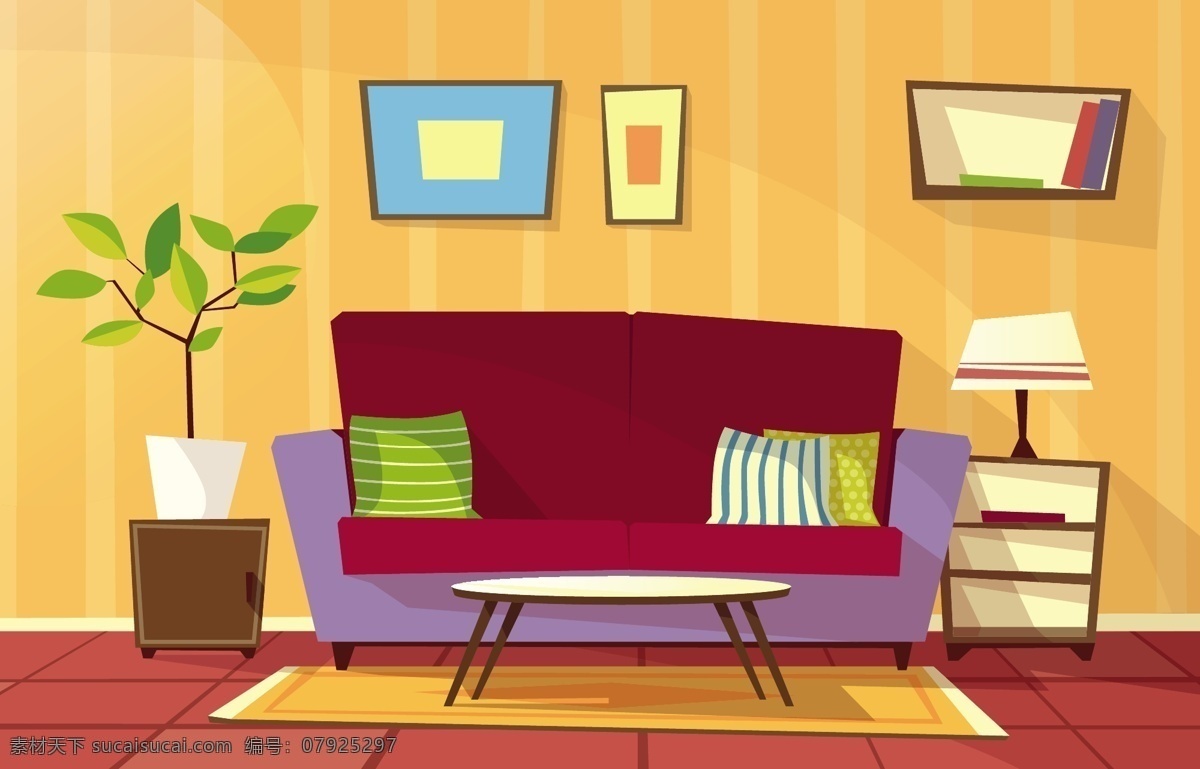 室内客厅 室内 客厅 沙发 台灯 卡通 矢量 房间 动漫动画 风景漫画