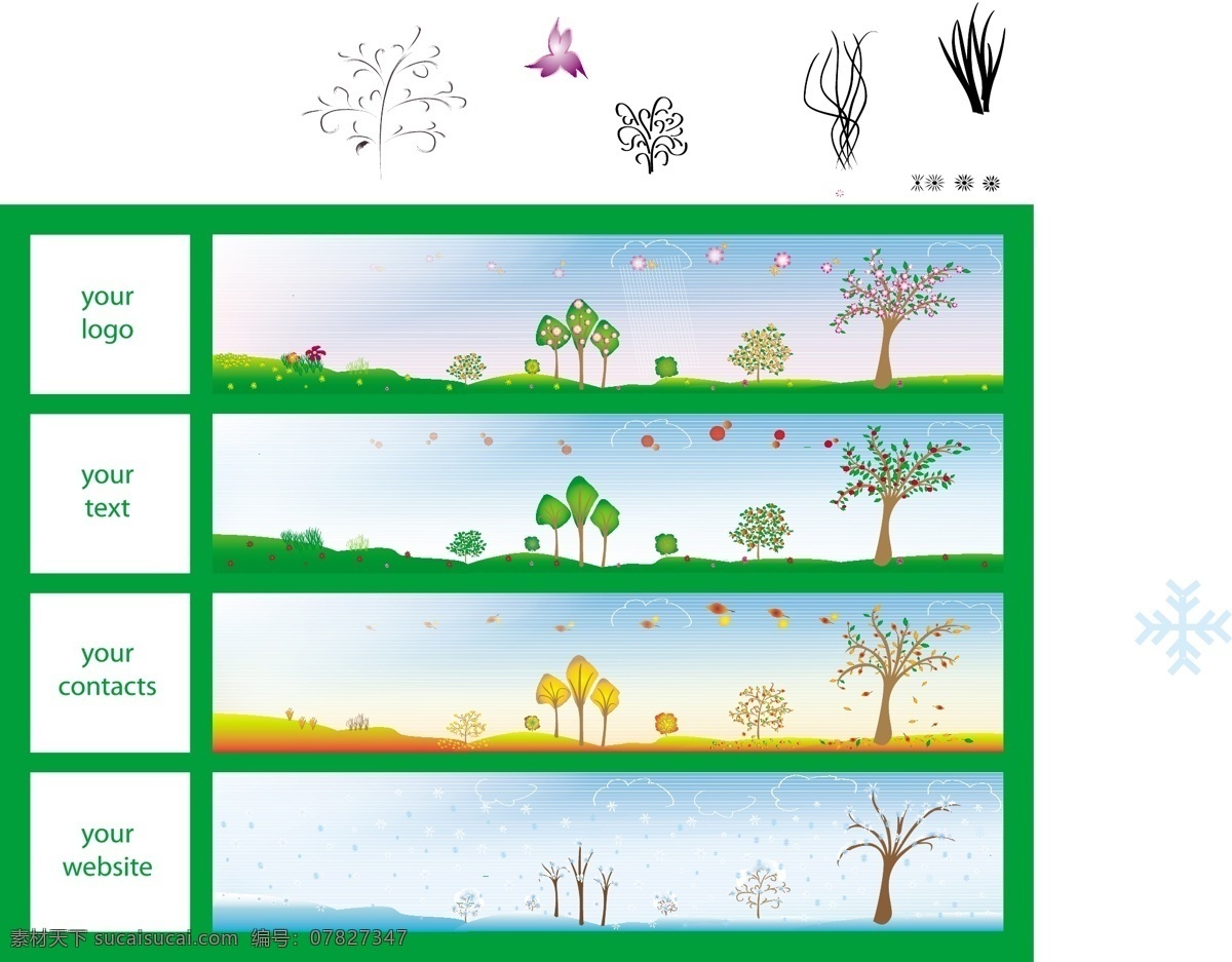 旗帜矢量集 4个赛季的头 web 标题 插画 场景 创意 冬天 高分辨率 季节 接口 病 媒 生物 时尚 免费 独特的 原始的 高质量 图形 质量 新鲜的 设计新的 ui元素 hd 元素 详细的 摘要 旗帜 夏天 春天秋天 国 景观 设置 用户界面元素 矢量图