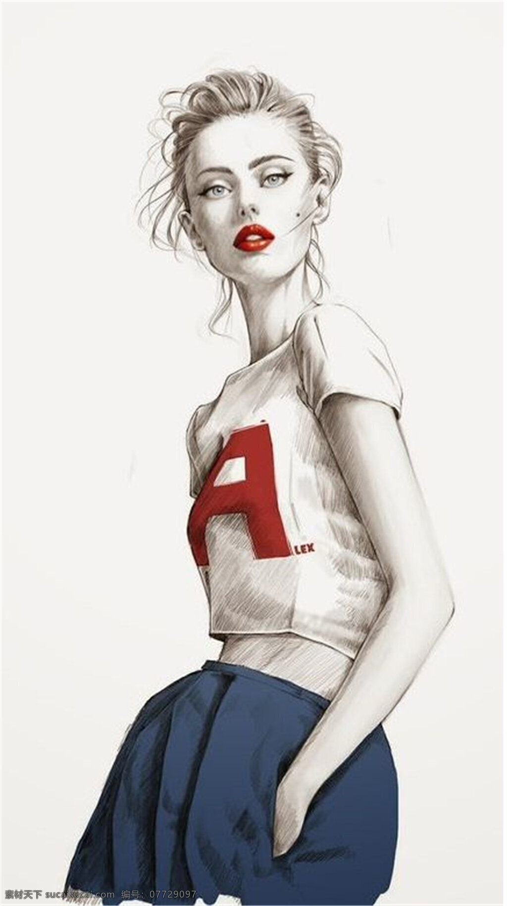 简约 个性 红色 字母 短袖 女装 效果图 白色短袖 服装设计 服装效果图 红色字母