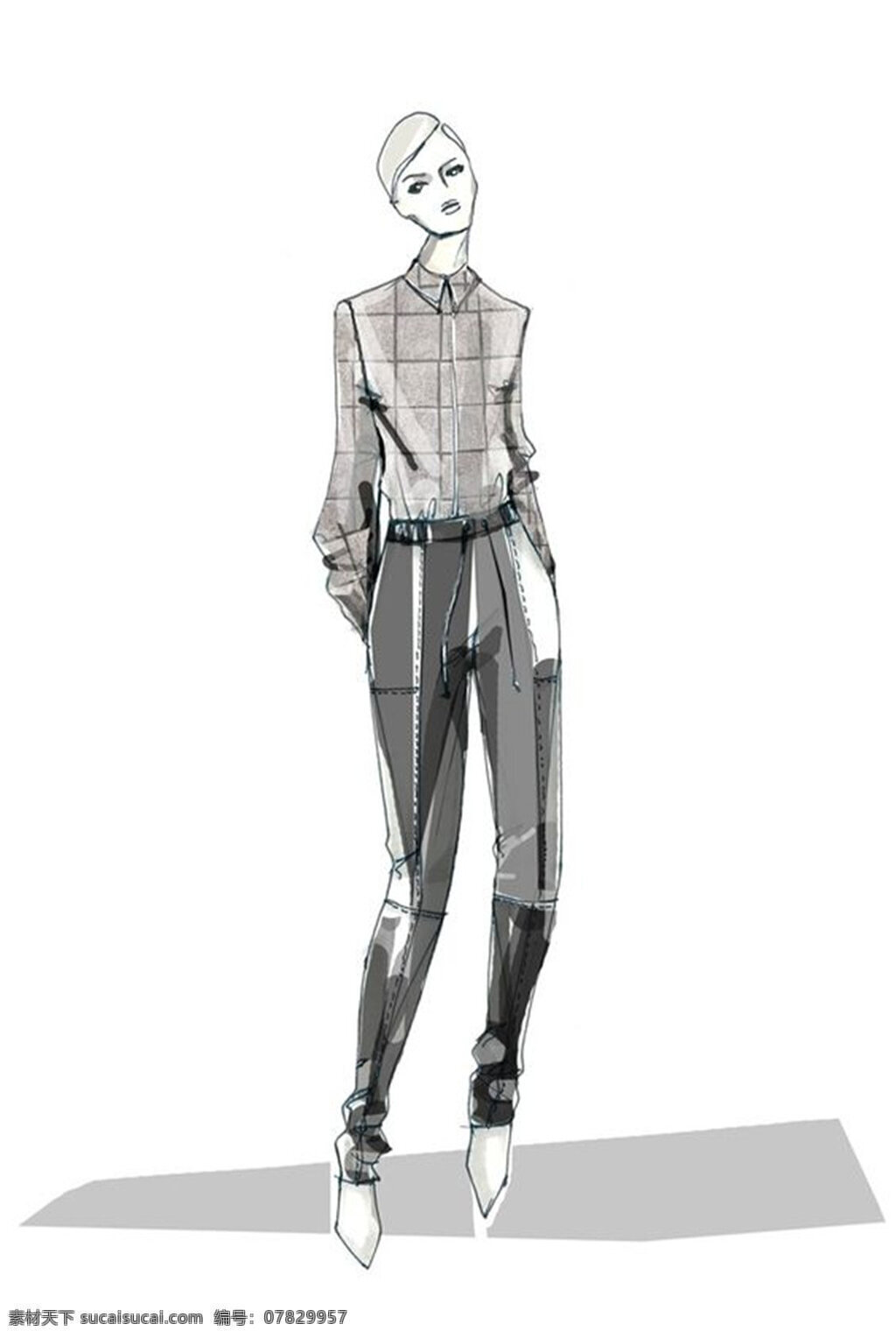 个性 时尚 灰色 衬衫 女装 效果 服装设计 服装效果图 灰色衬衫 女士服装 深灰色裤子