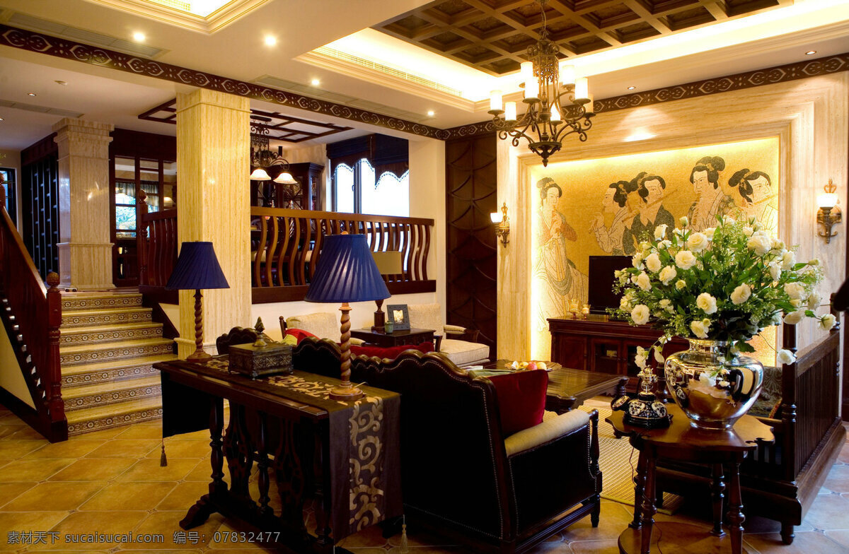 中式 典雅 客厅 深色 家具 室内装修 效果图 客厅装修 深色地板 金色吊灯 黑色落地灯