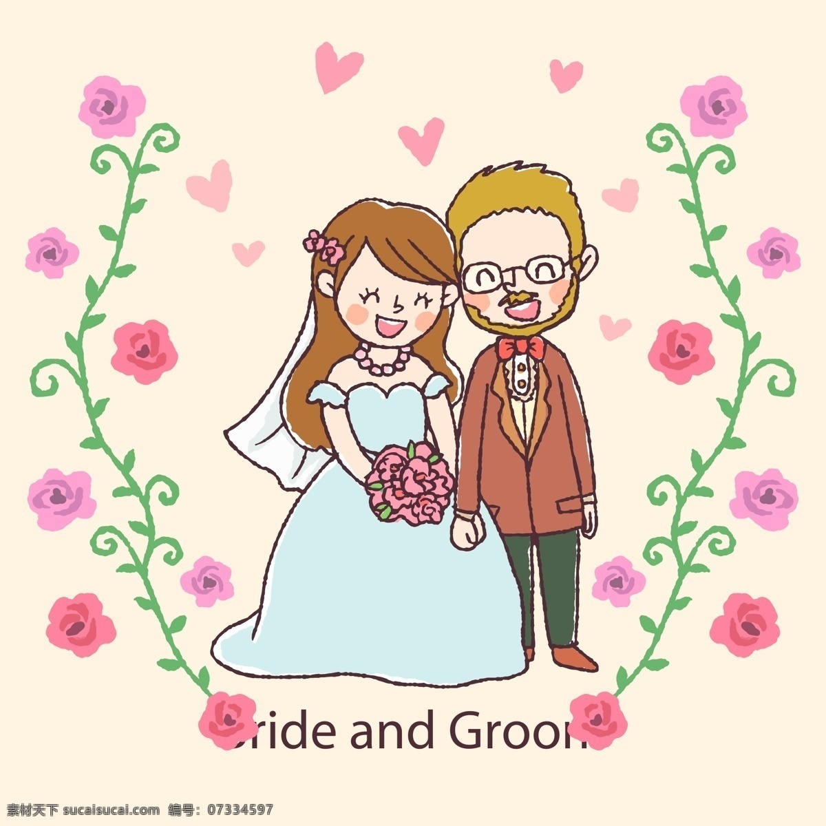 手绘 卡通 结婚 人物 插画 爱情 花朵 蝴蝶