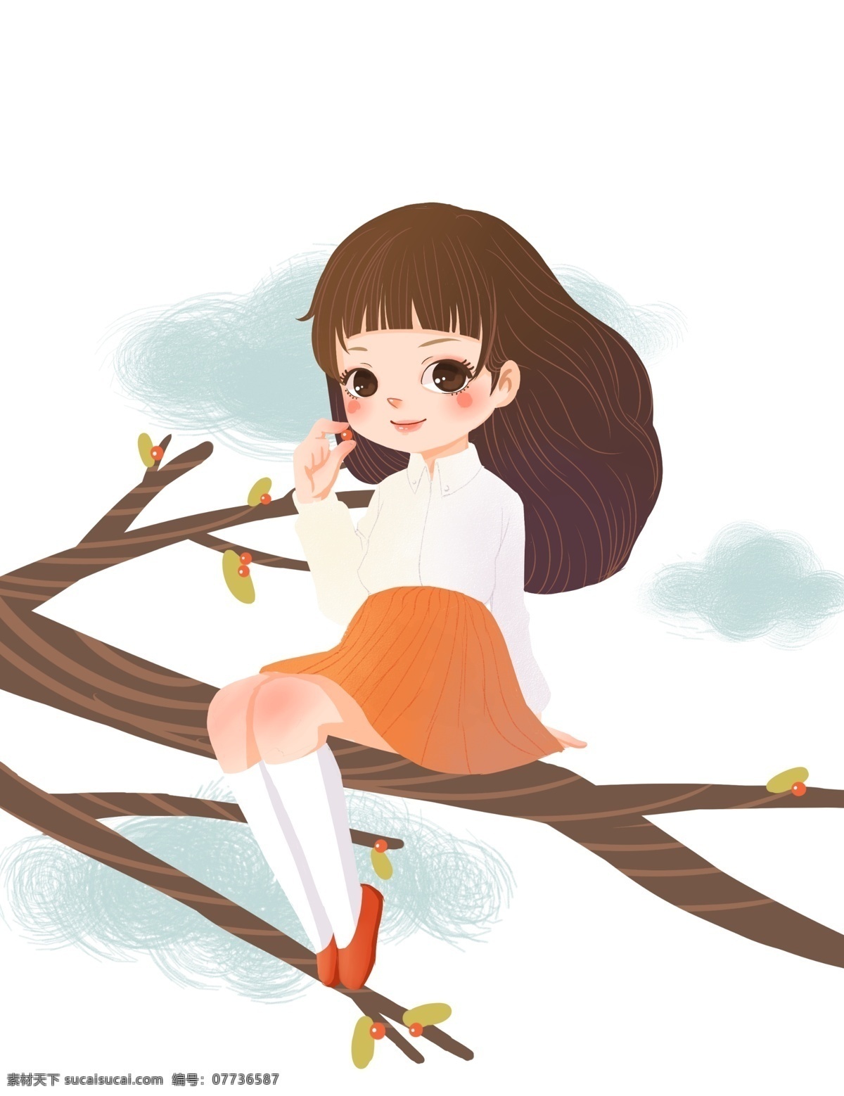 手绘 甜美 坐在 树枝 上 女孩 卡通 可爱 坐在树枝上 长发飘飘 云 美女 乖巧 人 彩色 裙子