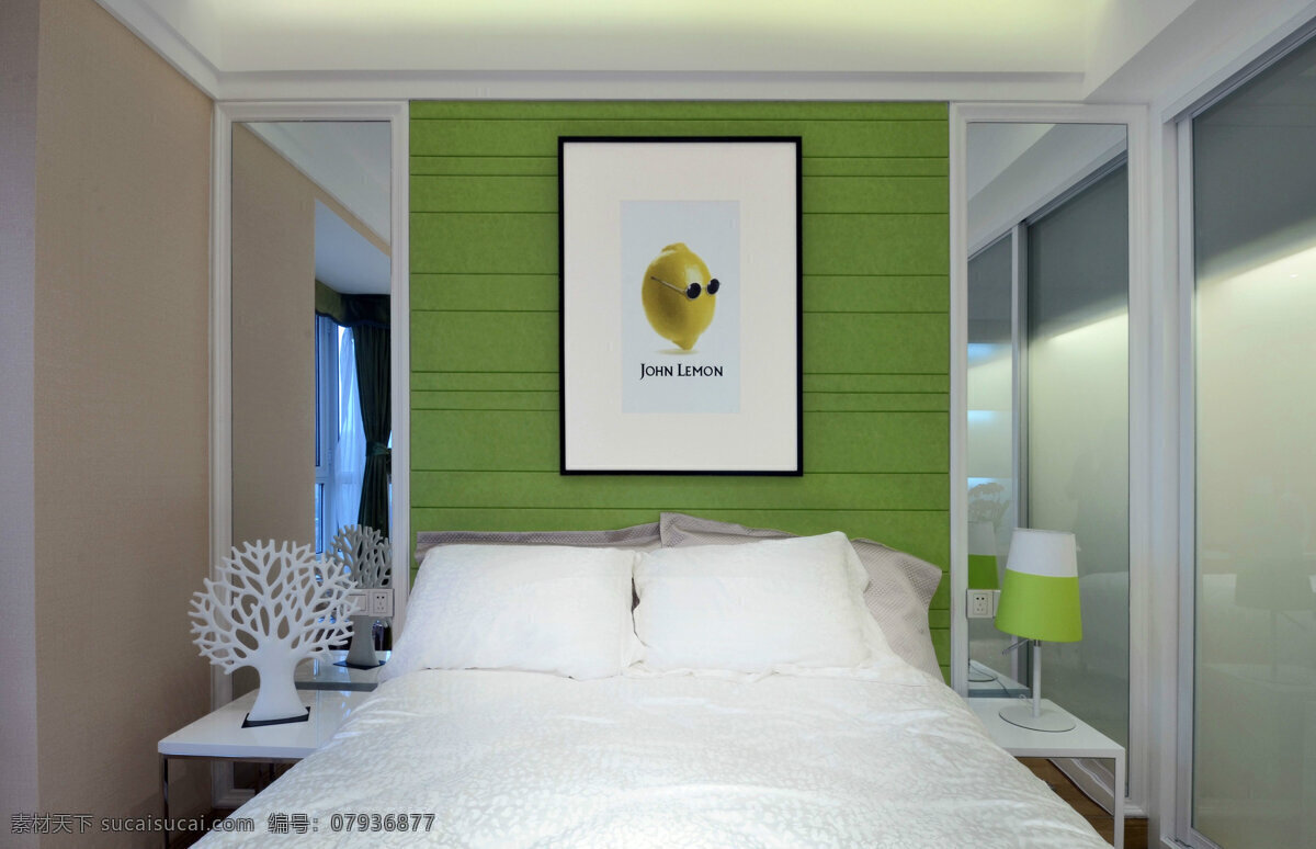 简约 卧室 壁画 装修 效果图 床铺 床头柜 床头绿色背景 方形吊顶 灰色墙壁