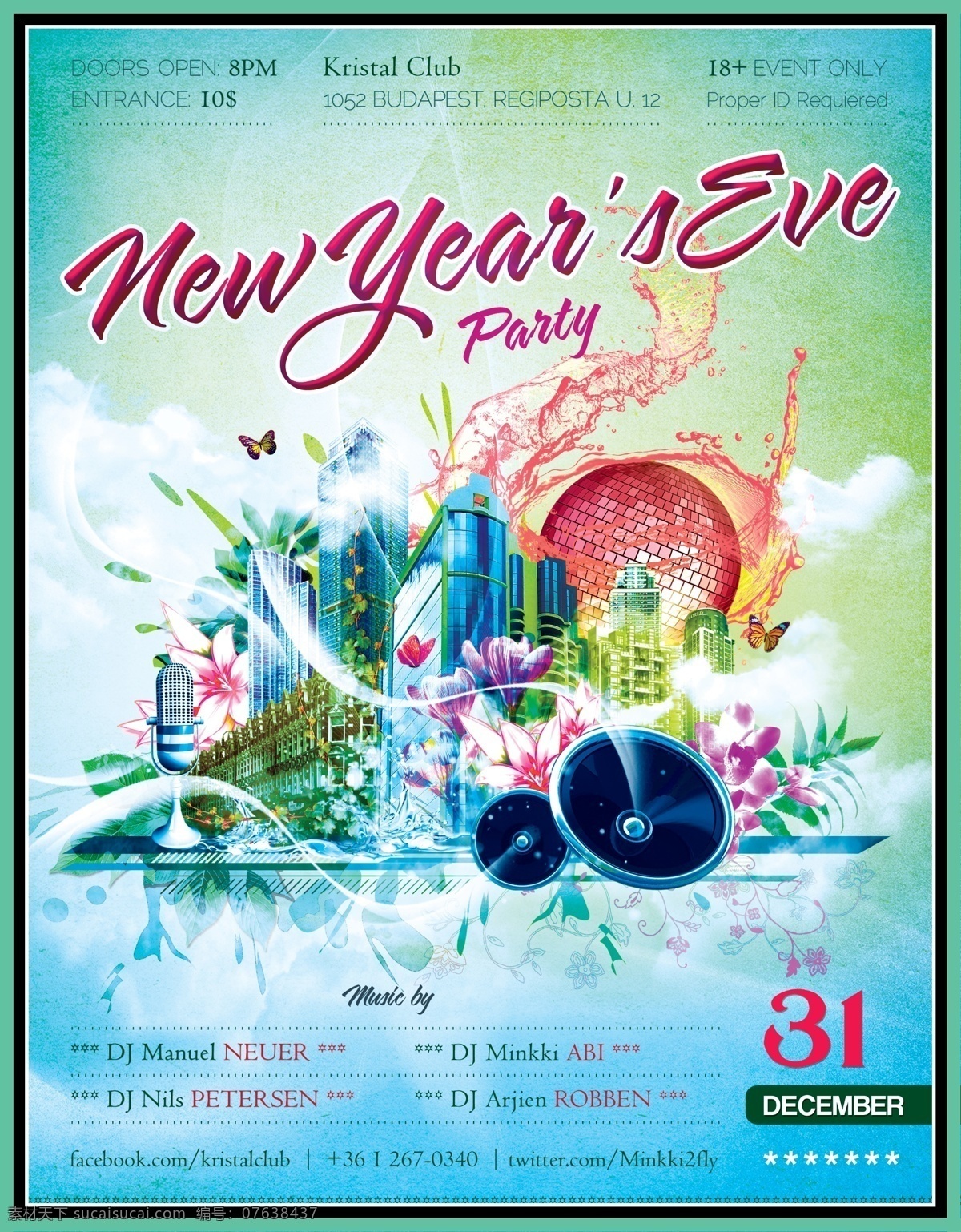 新年 派对 清新 海报 dj ktv party 城市 迪厅 高楼大厦 歌厅 蝴蝶 花朵 花纹 聚会 时尚 音响 新年前夜 音乐 夜店 话筒 其他海报设计