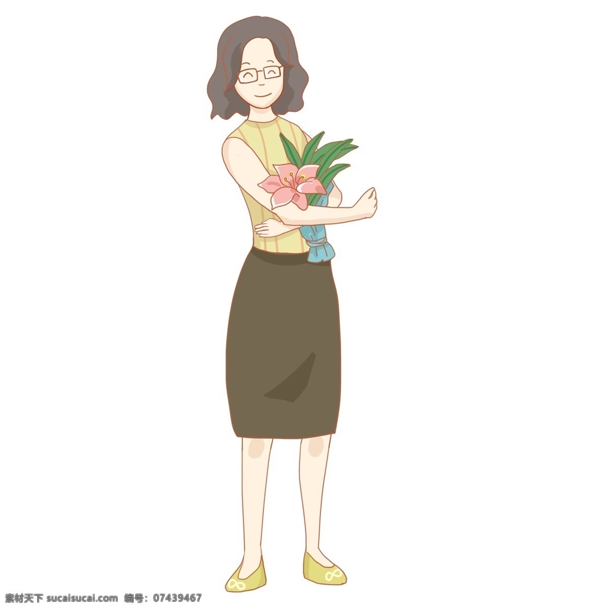 感恩节 感恩 教师 免 抠 抱着鲜花 老师 人民教师 园丁 收到鲜花 职业装 眼镜 原创手绘 卡通女孩 女老师 开心 感动