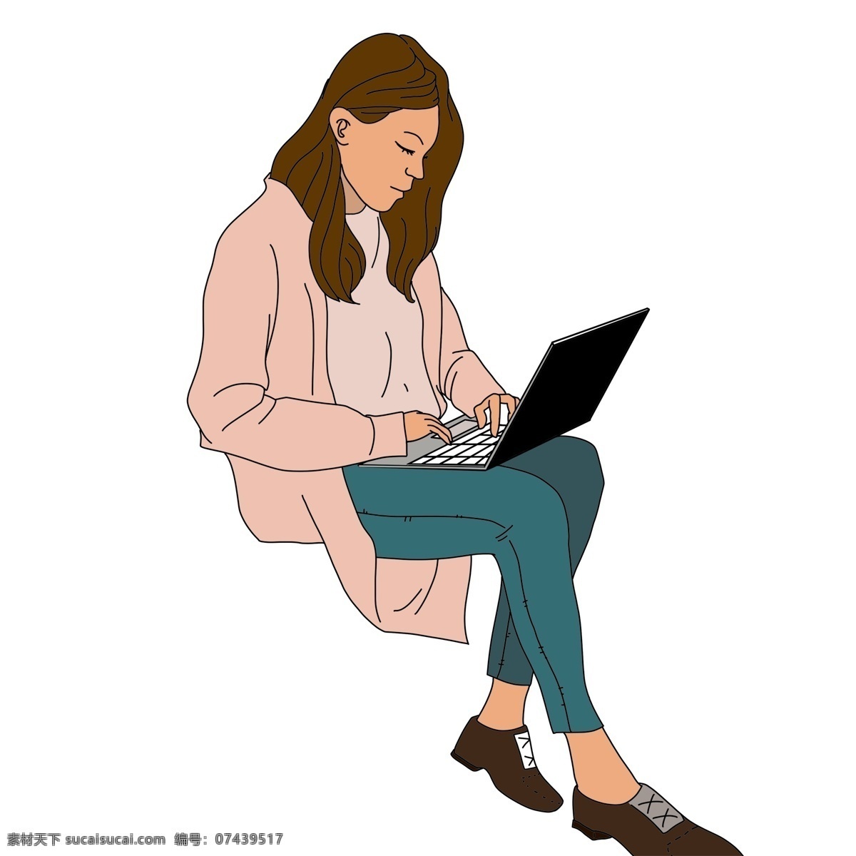 卡通 手绘 正在 办公 女性 中世纪 复古 女人 商务 电脑 工作 插画
