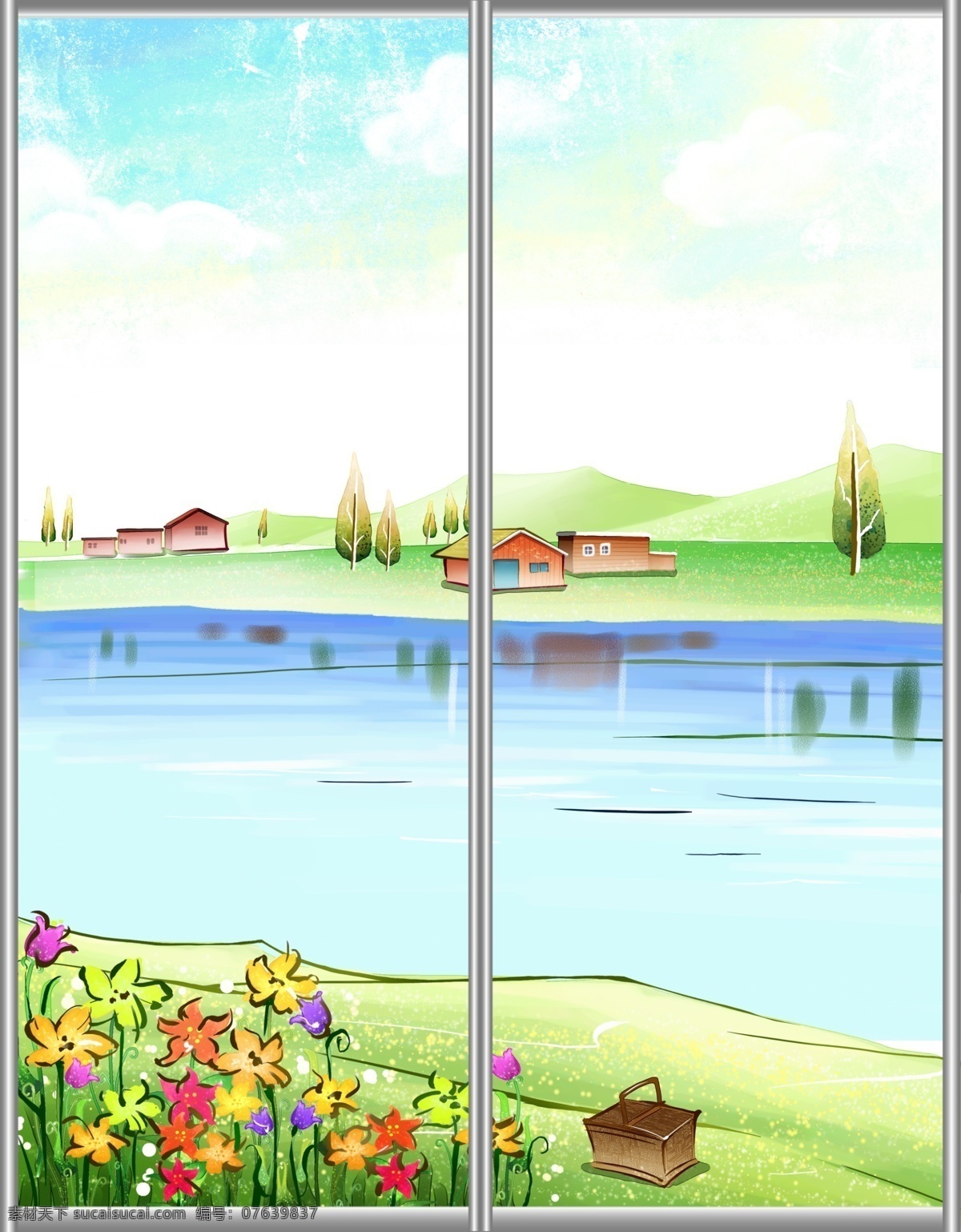 草地 插画 春天 房子 风景 广告设计模板 河边 花朵 移门 模板下载 移门风景 移门汇 移门图 可爱 卡通 手绘 河提 野餐 花卉 云朵 云彩 天空 小树 移门图案 源文件 家居装饰素材