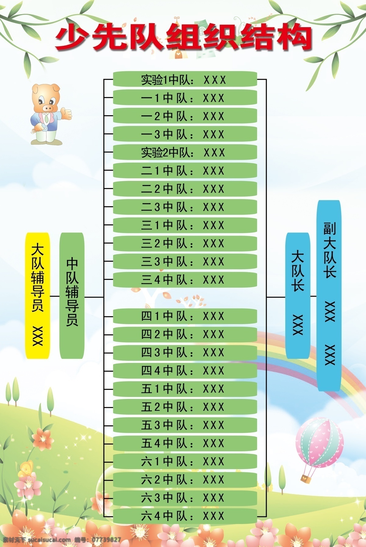 少先队 组织 结构图 组织结构 学校展板 学校 学生 卡通 彩虹 气球 绿叶 展板模板 广告设计模板 源文件