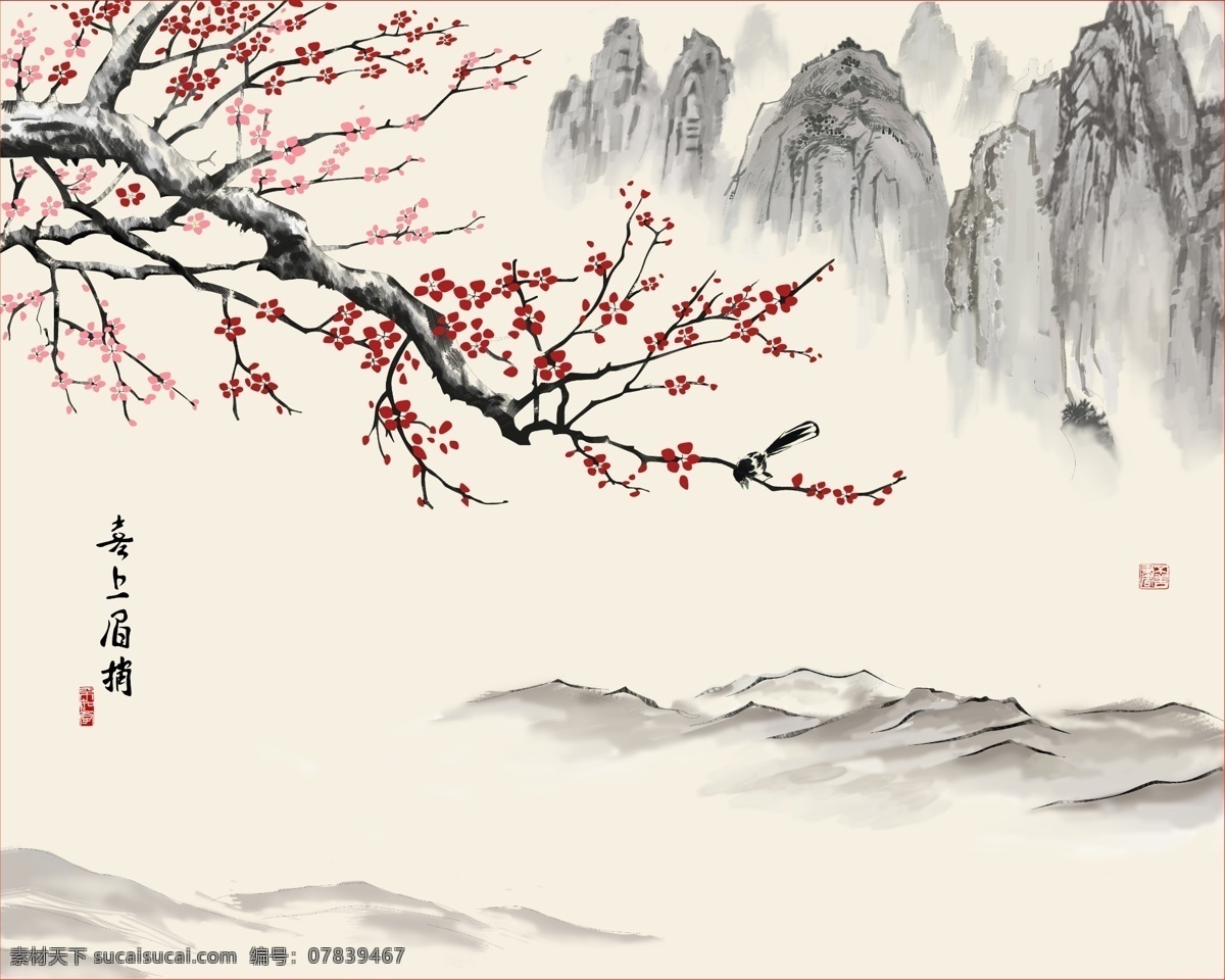 喜上眉梢 背景 墙 3d渲染 效果图 背景墙 梅花 山峰 瓷砖 壁纸 挂画 水墨画 山水画