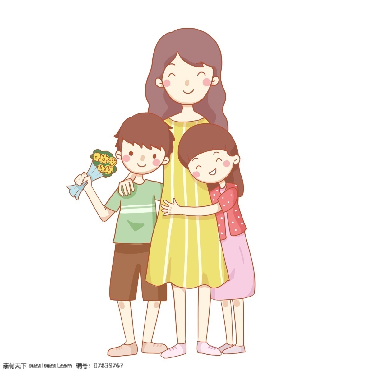 感恩节 温馨 一家人 免 抠 母亲 母爱 儿子 女儿 原创手绘 卡通 可爱 裙子 送给妈妈花 献花 花朵 拥抱 举着花 开心 快乐