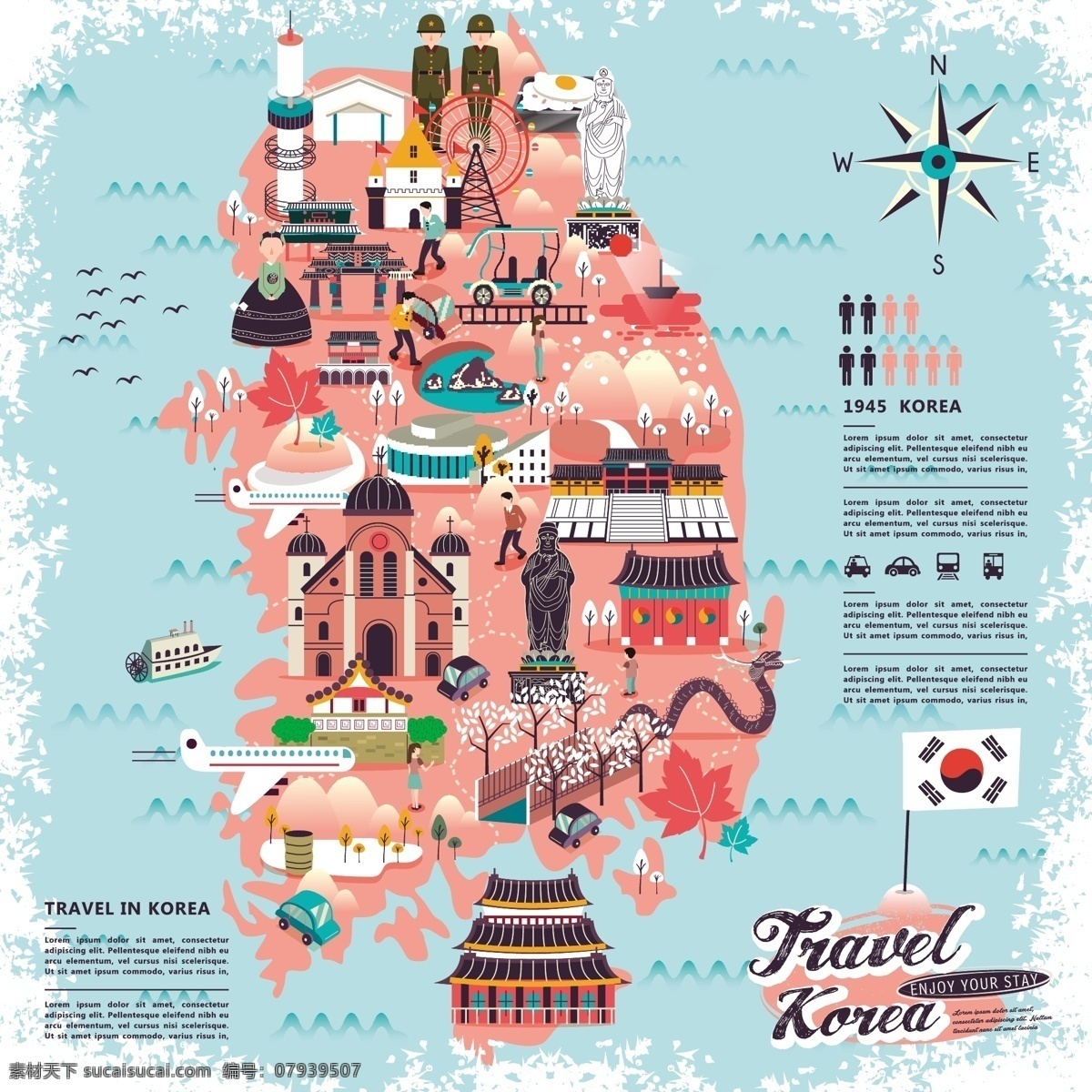 粉色 系 韩国 旅行 地标 美食 手绘 地图 矢量 卡通 矢量素材 背景素材 设计素材
