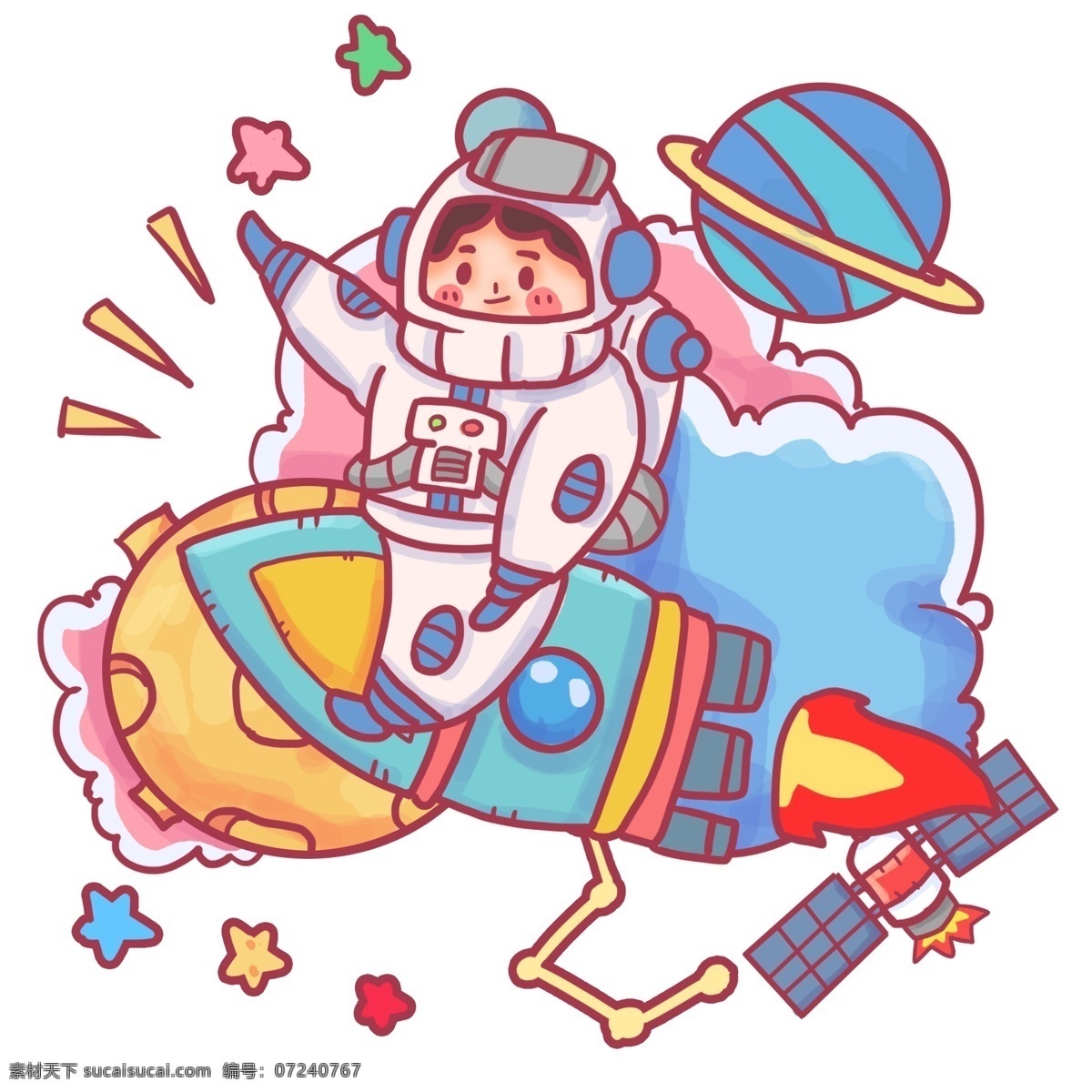 坐在 火箭 上 宇航员 飞翔 挥手 宇宙 梦幻 马卡龙色 可爱 萌 卡通 彩色星星 星球 幻想 陨石 飞行器 星辰 烟雾