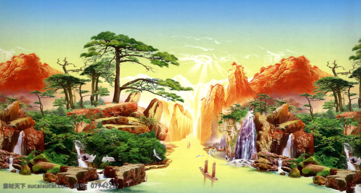 风景画 山峦 松树 天河 小船 黄色