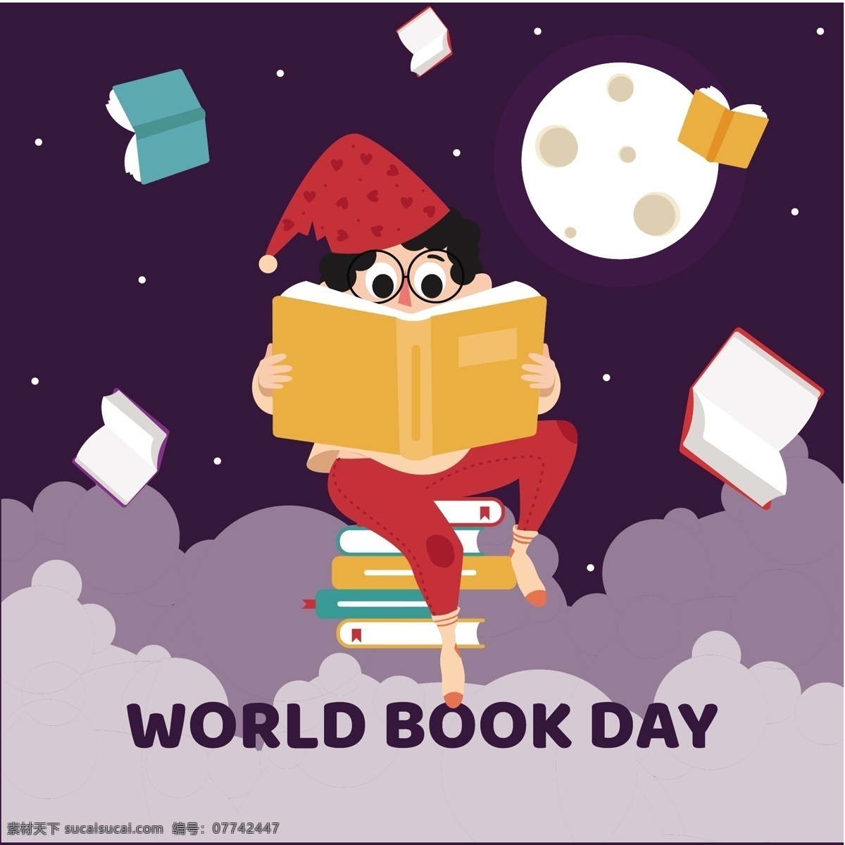 清新 可爱 儿童 阅读 书本 世界 读书 日 月球 星星 圣诞帽 节日元素 深紫色底纹 云堆 世界读书日 紫色英文