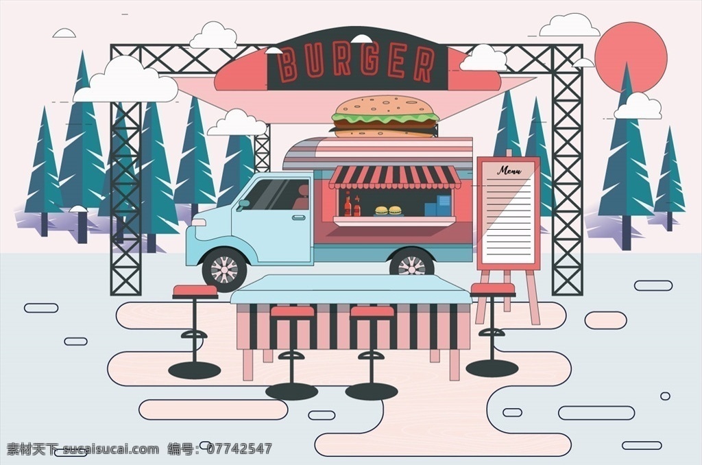 快餐车 卡车 美食 街头食品 市场 夜生活 户外 零售 流动车 食品蔬菜水果 卡通设计