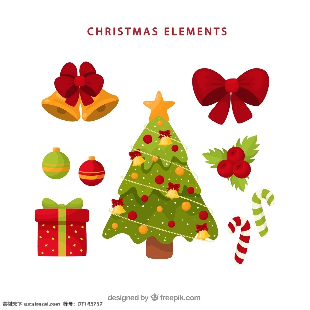 彩色 圣诞 元素 圣诞铃铛 蝴蝶结 圣诞吊球 枸骨 圣诞树 源文件 矢量 高清图片