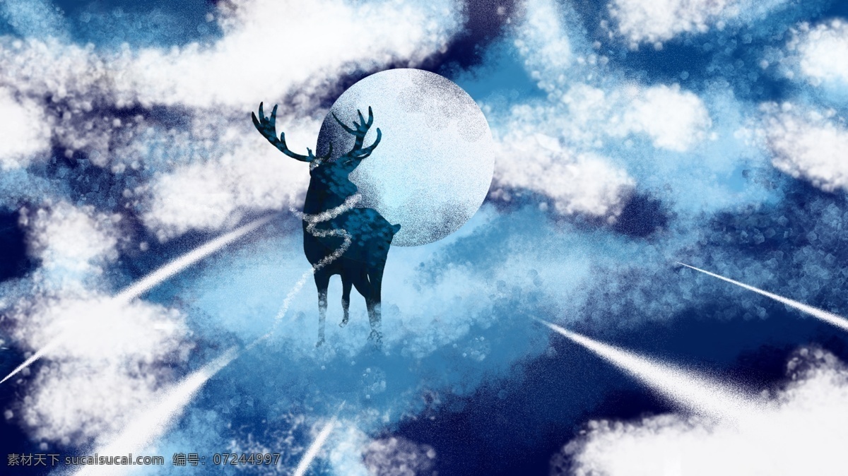 手绘 治愈 插画 深林 见 鹿 天空 白云 月亮 梦幻 唯美 底纹 蓝色 星空 装饰画 小清新 涂鸦 驯鹿 丝巾 海 水花 鹿角 背景 纹理 复古肌理 壁纸 壁画 插图 手机壳 冷色调 海报 夜晚 晚安 早安