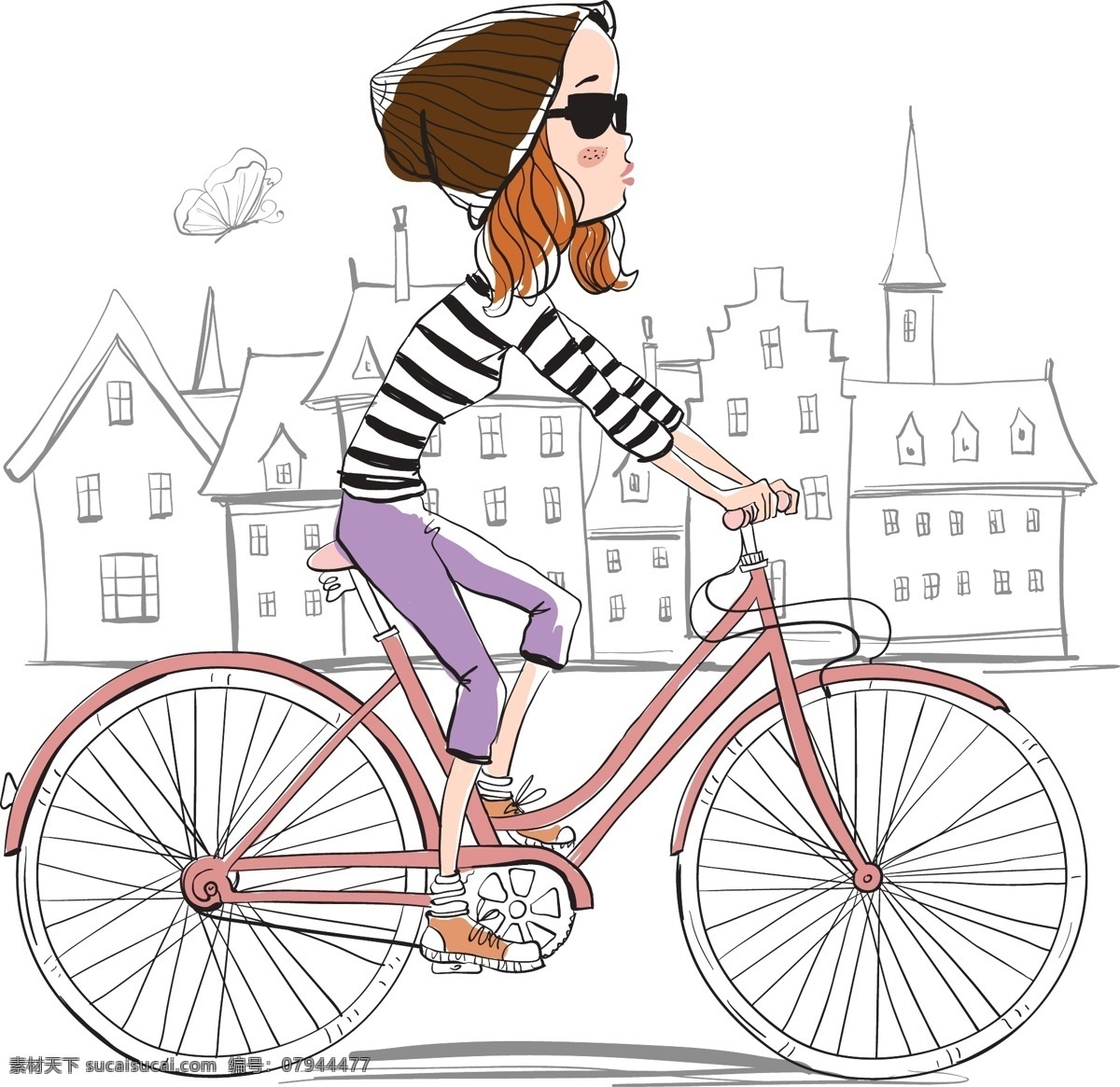 手绘 骑 自行车 女生 插画 城市 建筑 卡通