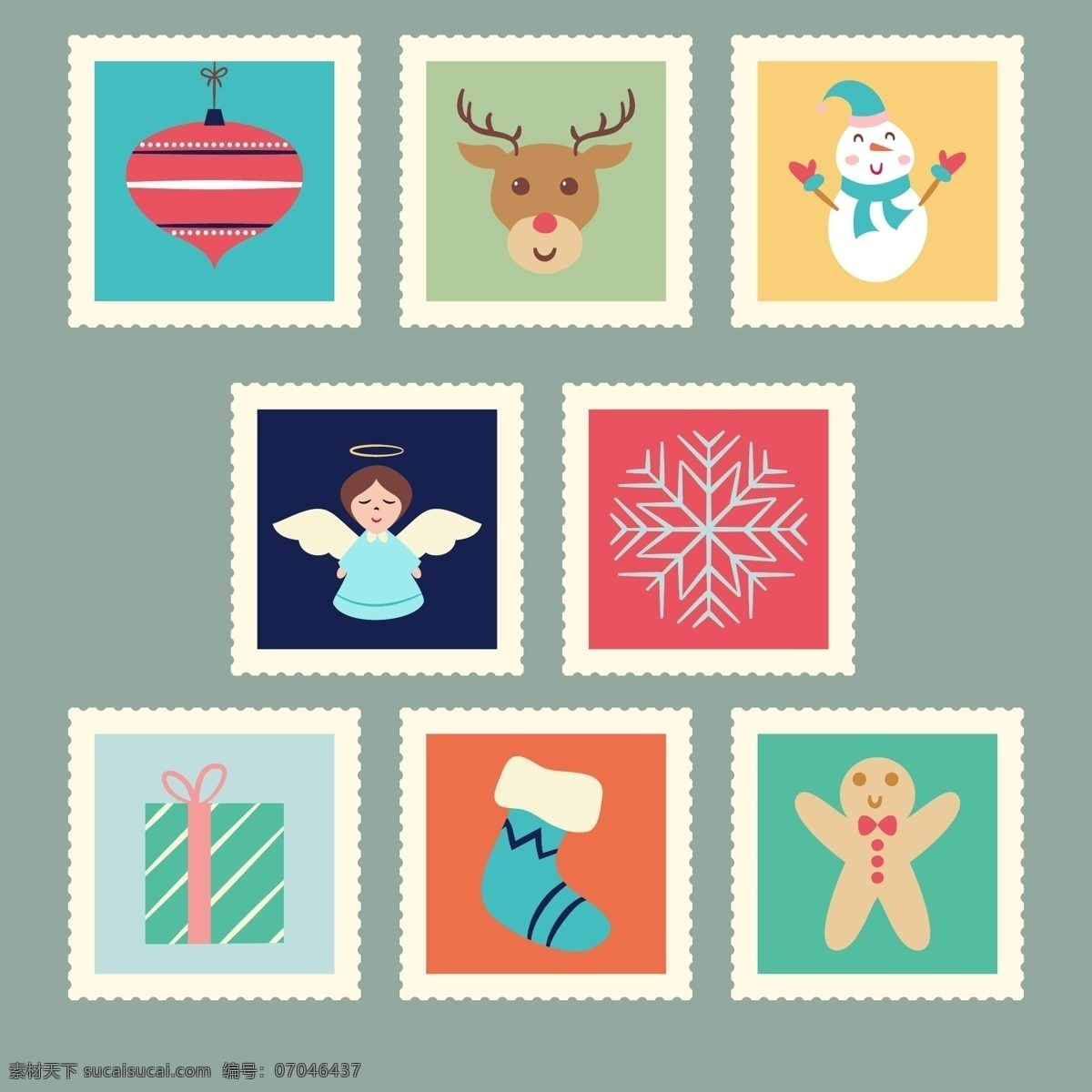 卡通 图案 圣诞 邮票 标签 雪花 礼物 圣诞节 矢量素材 彩色 驯鹿 天使 雪人 圣诞袜 姜饼人