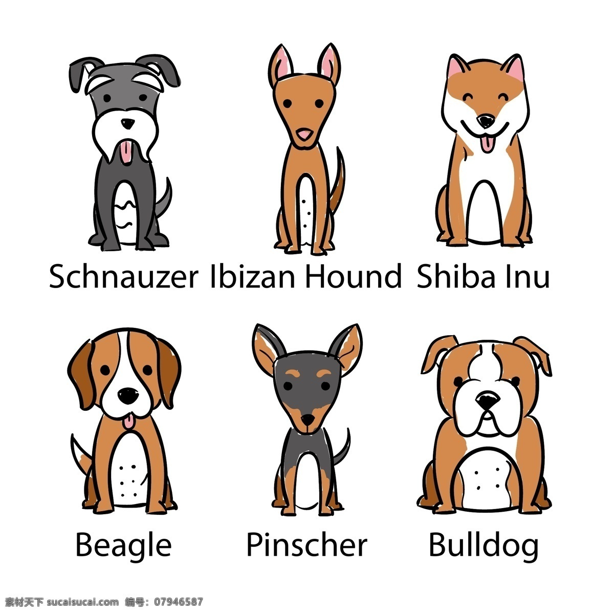 插画 动物 搞笑 狗 卡通 卡通动物 卡通狗 可爱 可爱宠物 脸 犬 手绘 六 种 不同 品种