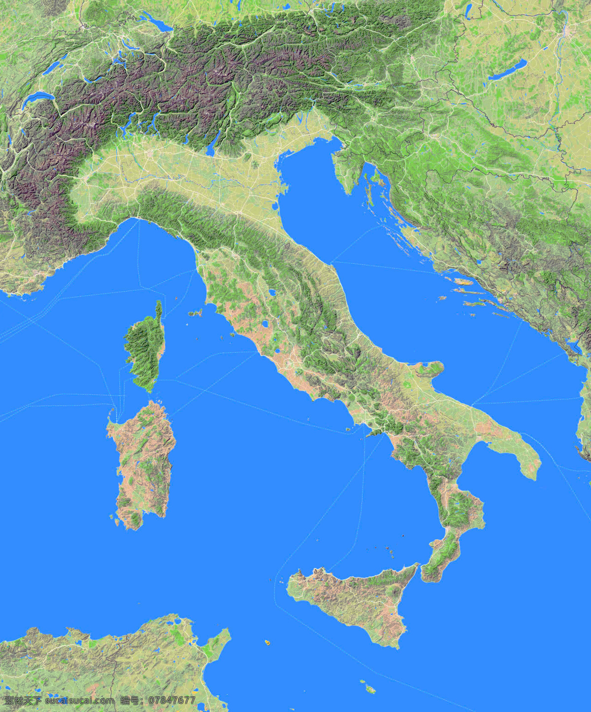 意大利地形图 意大利 地形图 欧洲 上帝之眼 卫星图 俯视图 nasa 地中海 海洋 山地 西西里岛 撒丁岛 阿尔卑斯山 南欧 东欧 地球 自然景观 自然风景