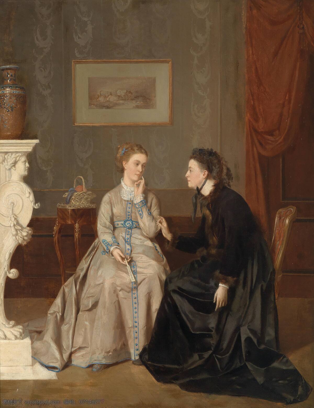 心事 绘画书法 聊天 少女 文化艺术 诉说 中年妇人 19世纪油画 家居装饰素材