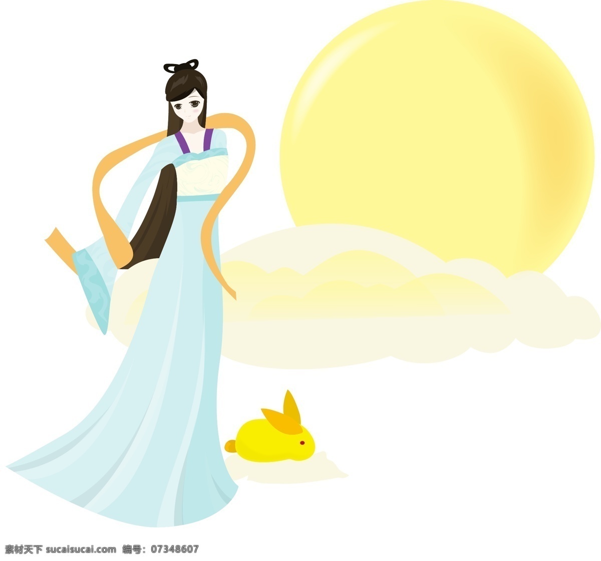 中秋节 嫦娥 玉兔 月亮 满月 蓝色 可爱 人物 古典 节日 佳节 黄色 仙女 卡通 手绘 古代