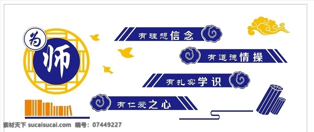 为师形象墙 师 老师 教育 校园 文化 蓝色 黄色 橘色 办公室 形象墙 文化墙 理想 信念 情操 志气 信心