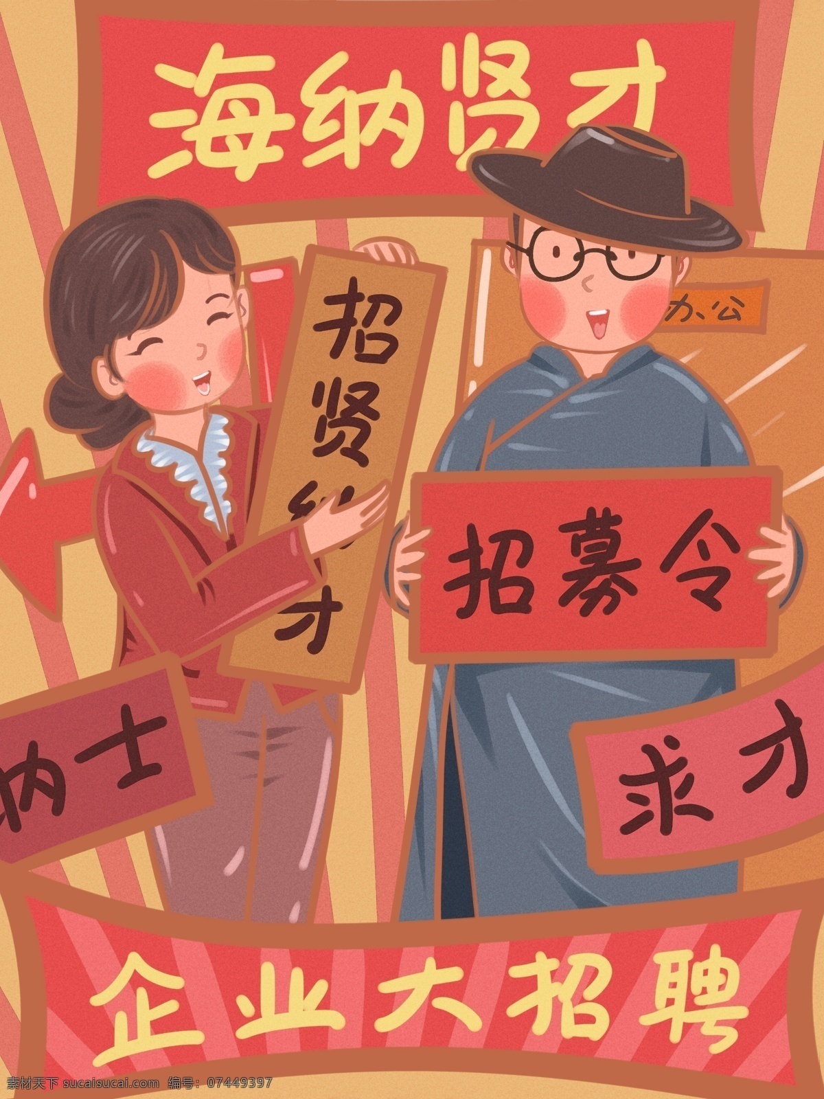 企业招聘 民国 男女 招聘 红色 复古 大字报 文案 男士 女士 礼帽 长衫 复古大字报