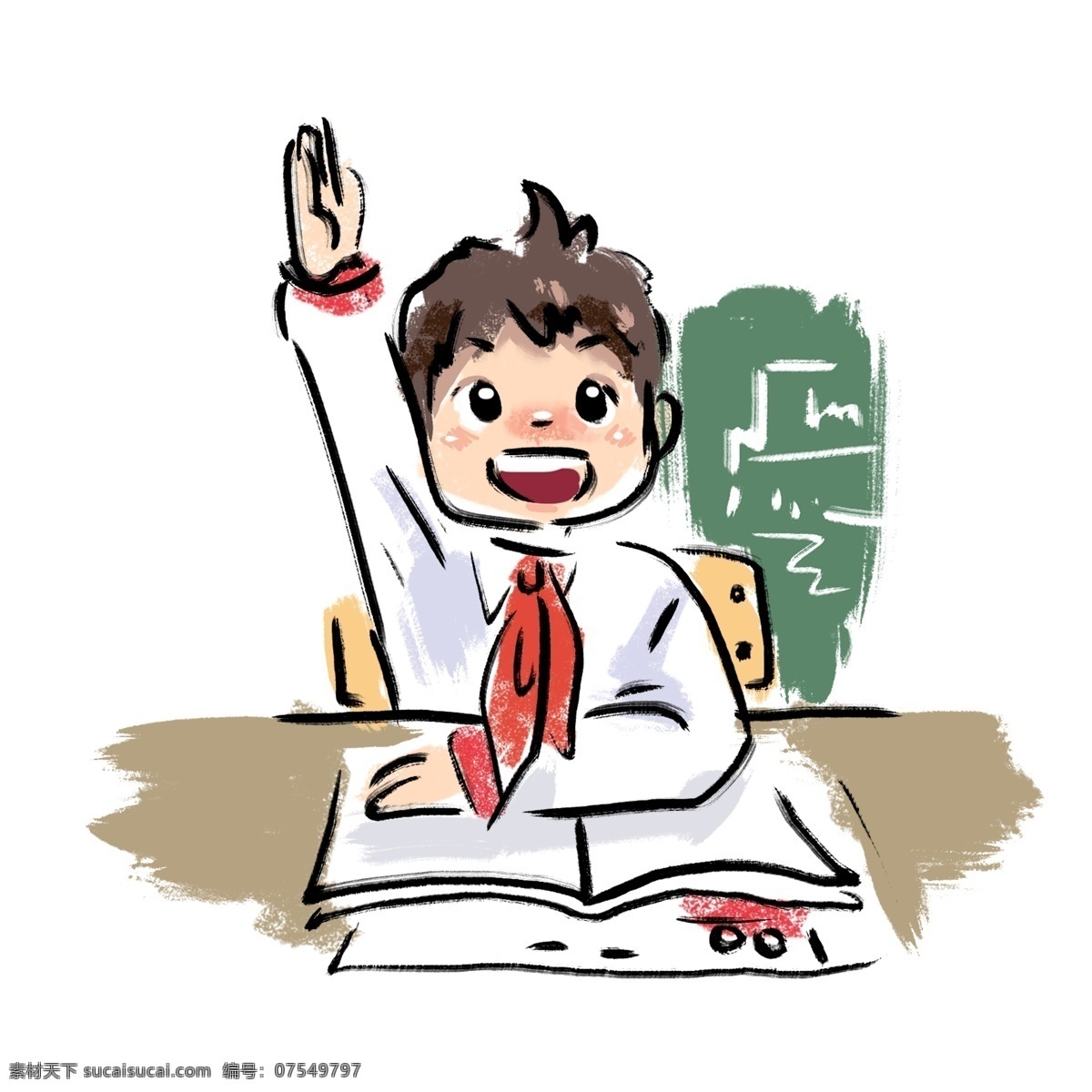小学生 清新 校园 风 学生 上课 黑板 举手 上学 校服 校园风 书本 课桌 黑板报 小学 手绘 卡通 可爱 红领巾