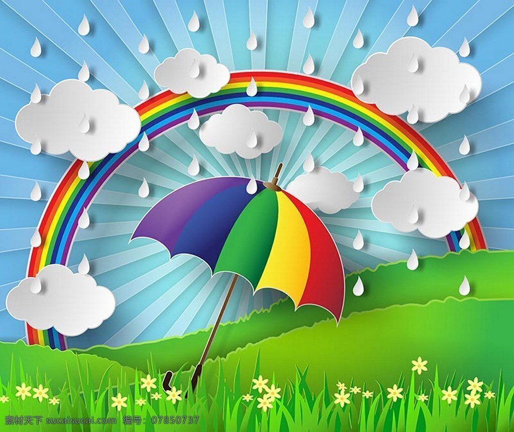 雨天 天气 背景 图 广告背景 背景素材 广告 背景图 蓝色天空 彩虹 雨伞 白云 绿色草地 草地 绿色 鲜花 小野花