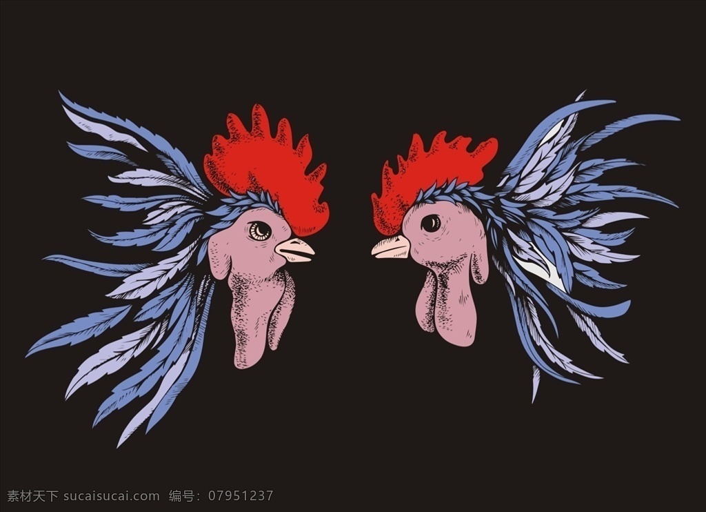 斗鸡 矢量图 服装设计 男装设计 女装设计 民族花纹花边 箱包印花 男装印花 女装印花 童装印花 潮流服装印花 潮牌设计 面料印花 布料印花 鸡 公鸡 鸡年 手绘公鸡 写实公鸡 鸡冠 羽毛 鸡毛 两只公鸡 共享素材2