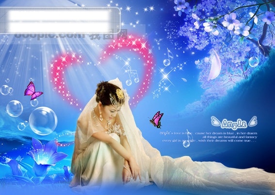 人物 写真 蝴蝶 人物写真 透明气泡 心型 星星 音符 蓝色 背景 穿婚纱的新娘 psd源文件 婚纱 儿童 相册 模板