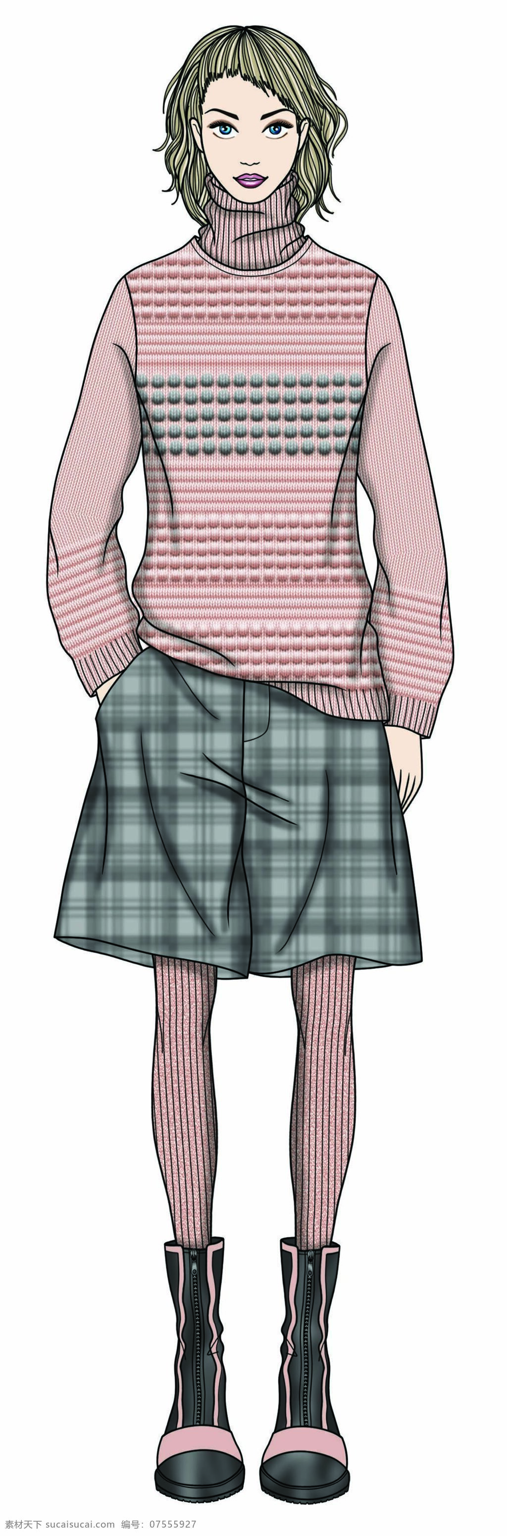温婉 帅气 粉色 毛衣 女装 服装 效果图 粉色毛衣 服装效果图 裤子 上衣 条纹打底裤