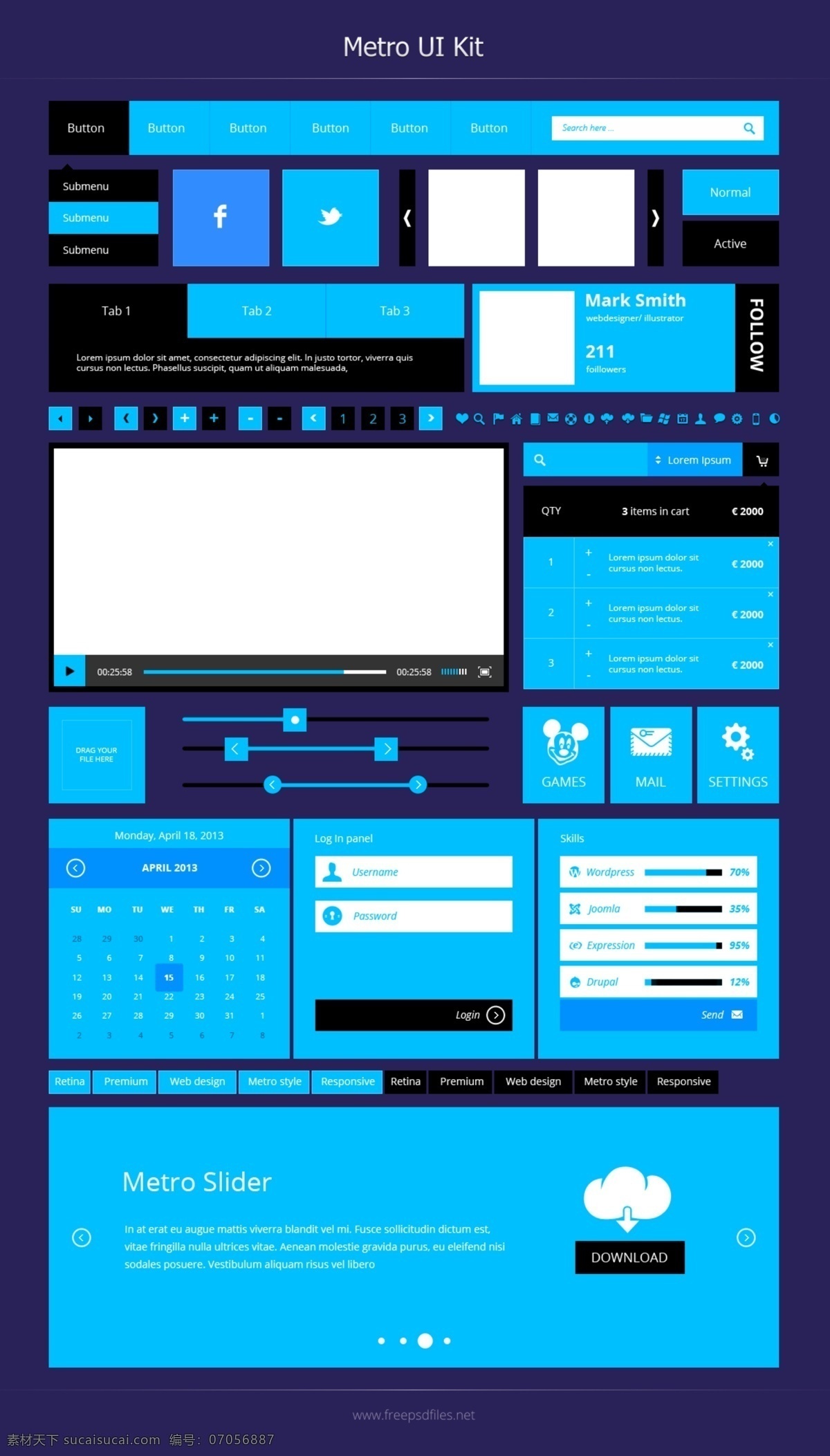 win8 应用 界面 分层 蓝色界面 设计元素 网站搜索框 社交图标 页码 日期 视频 播放器 进度条 天气界面 青色 天蓝色