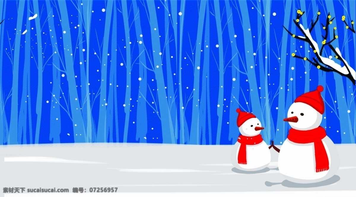 冬季 雪山 雪人 背景 蓝色 唯美 雪地 色彩背景 特邀背景 背景展板 手绘背景
