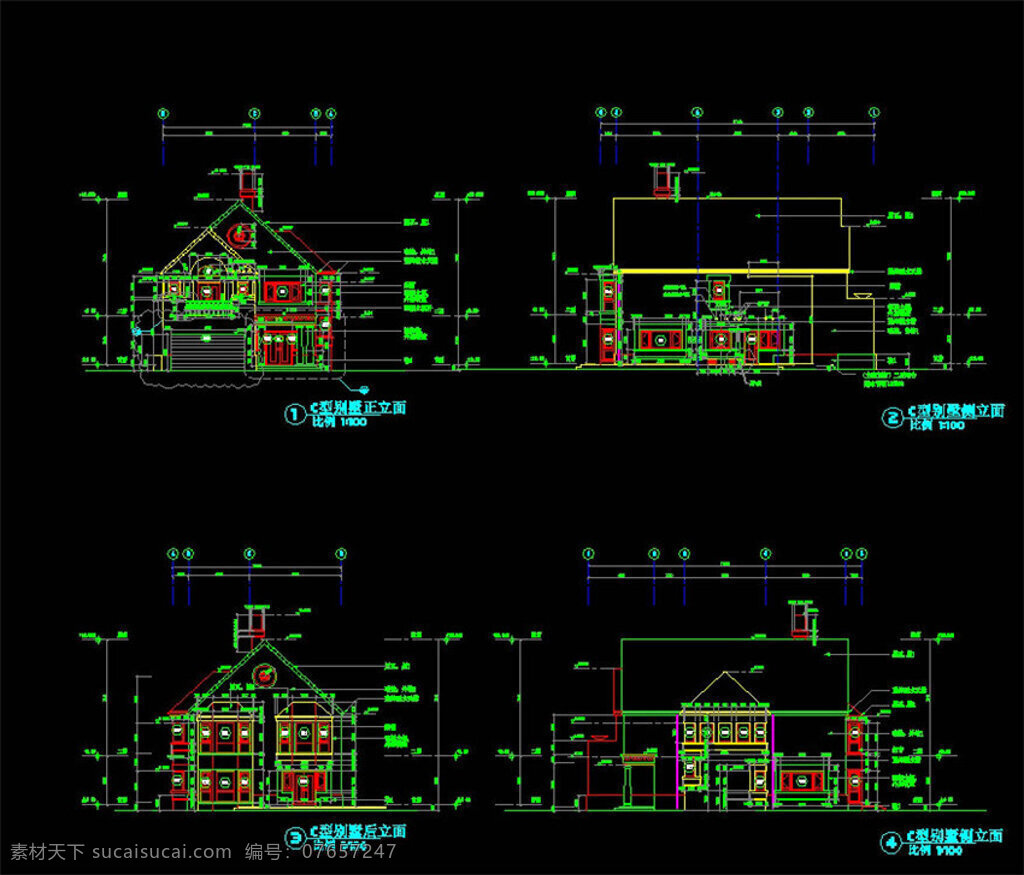 立面 cad 图纸 图纸模板下载 豪华别墅 cad图纸 施工图 经典别墅 工程图 装潢 装潢设计 dwg 黑色