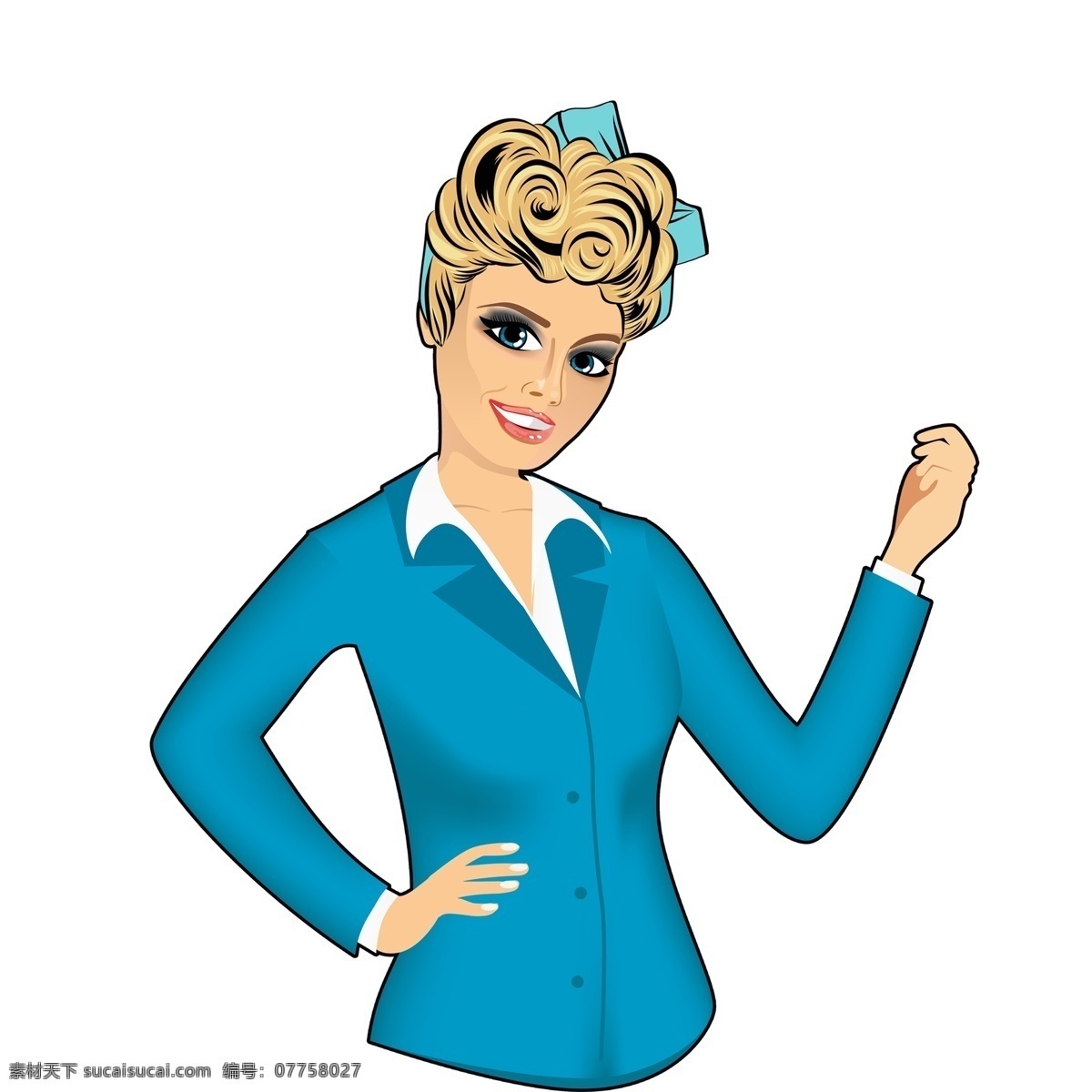 手绘 卡通 外国 女人 原创 元素 女神 蓝色 服务员 设计元素 原创元素 西服