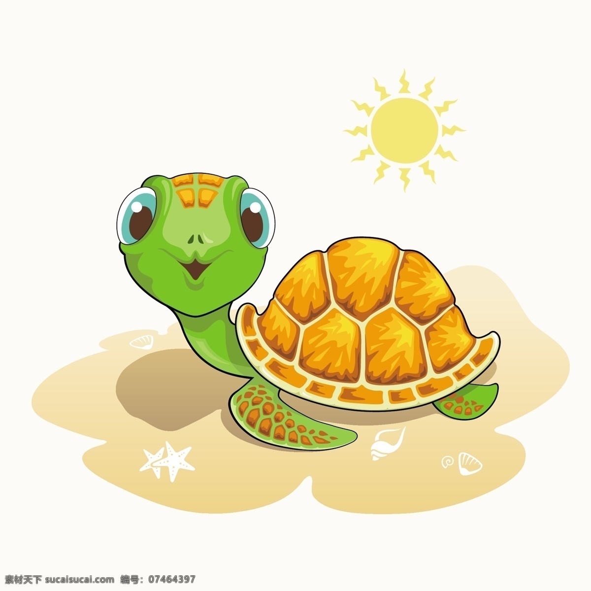 夏日 沙滩 上 的卡 通 乌龟 可爱 小动物 海龟 海边 度假 装饰 创意 涂鸦 小清新 卡通 填充 插画 背景 海报 广告 包装 印刷 夏天 矢量 高清