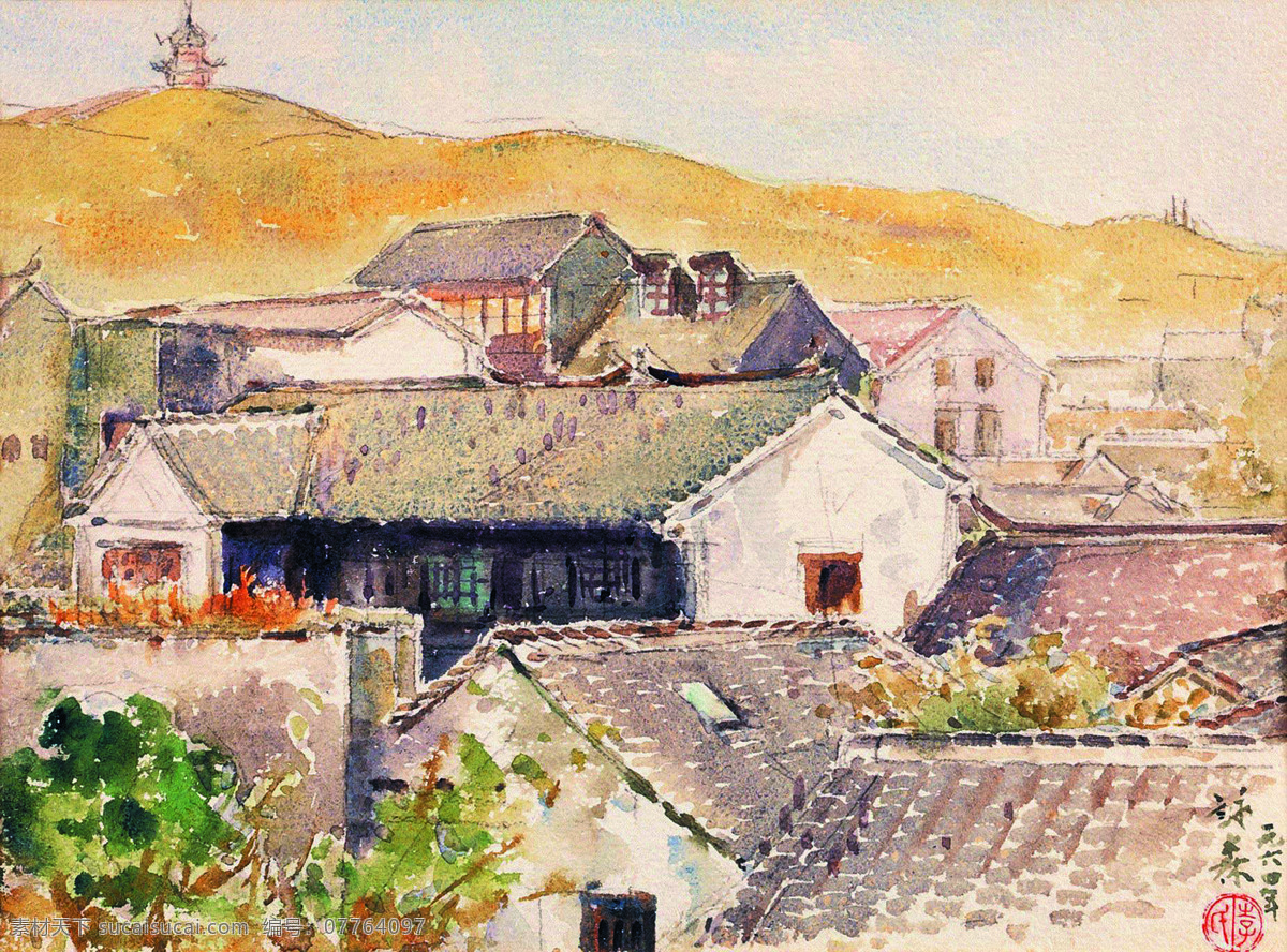 远眺 美术 水彩画 李咏森水彩画 风景 村子 房屋 古塔 民居 名家水彩画 水彩画艺术 李咏 森 作品 绘画书法 文化艺术