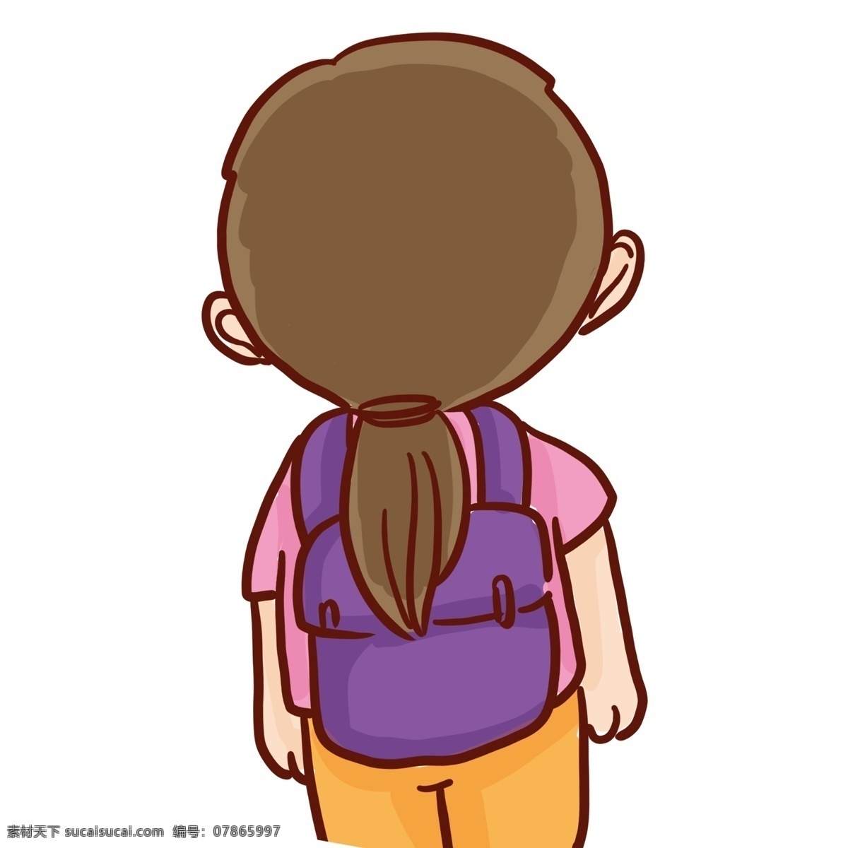手绘 背着 书包 女孩 人物 背影 漫画 插画 书本 背包 学生