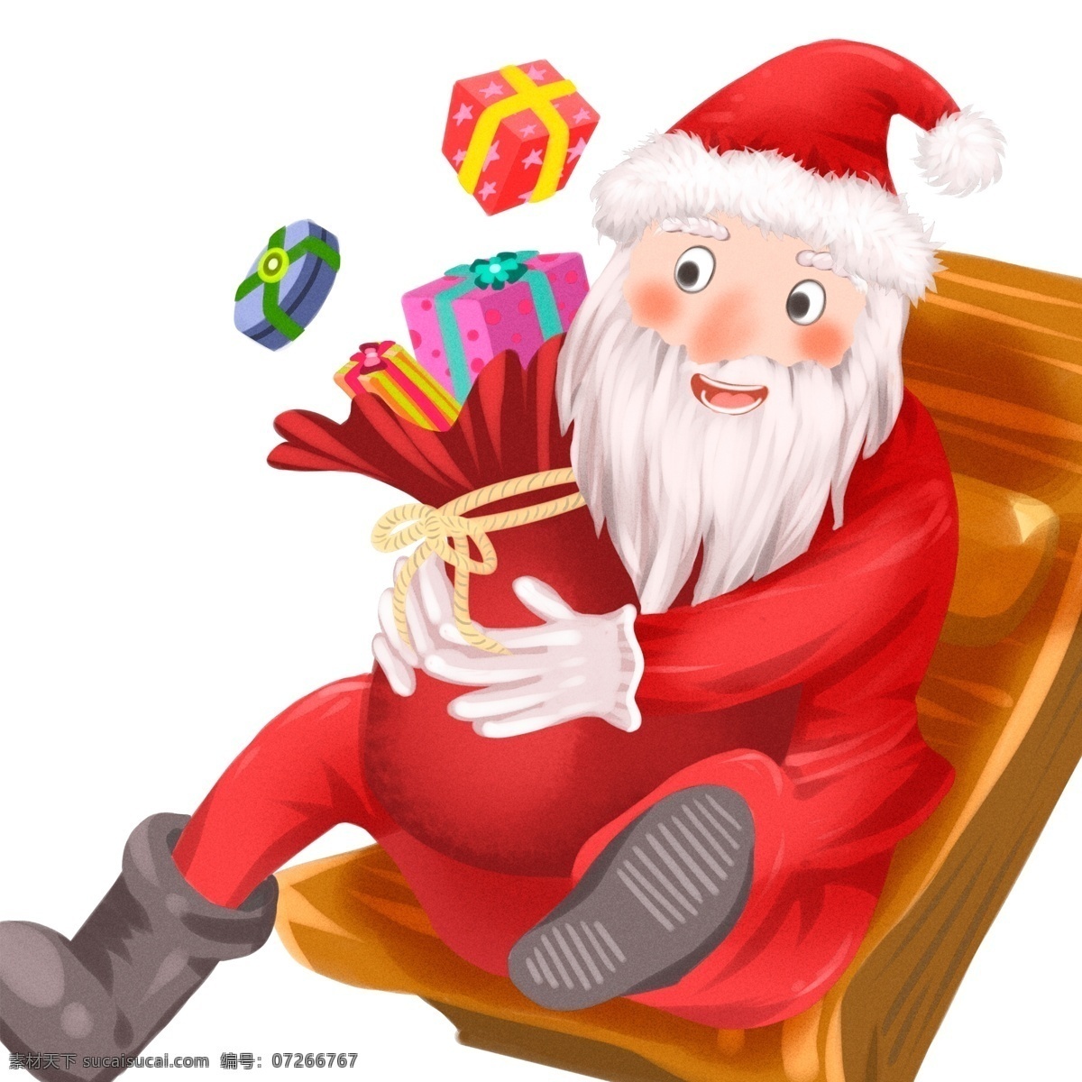 坐在 雪橇 上 圣诞老人 卡通 手绘 复古 礼物 圣诞节 插画 袋子 圣诞老爷爷