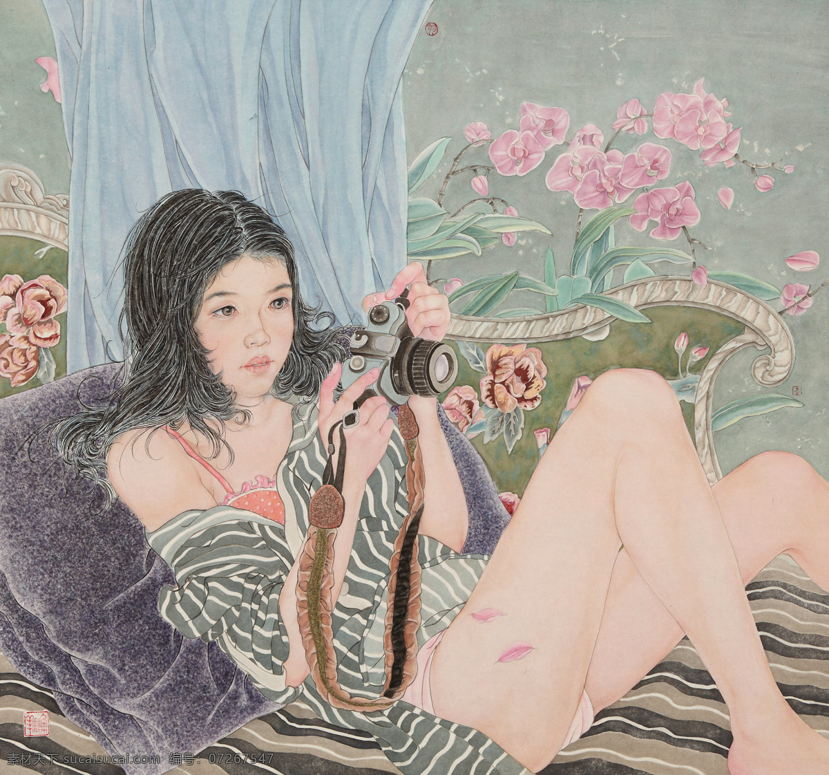 梦凌 美术 中国画 工笔画 女人 女孩 少女 姑娘 床榻 花朵 相机 李翔峰国画 国画集126 文化艺术 绘画书法