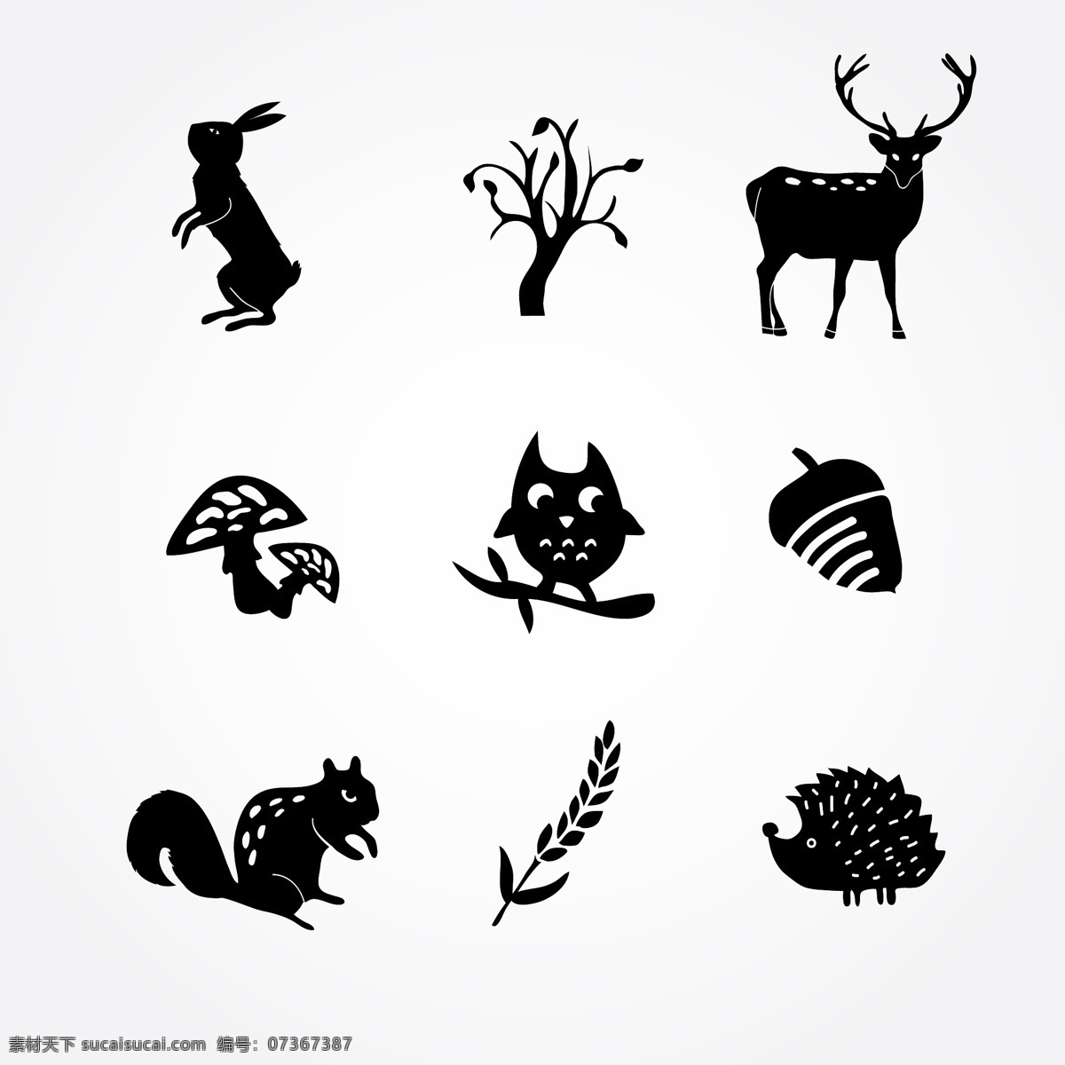 单色 动植物 图标 矢量 动物图标 植物图标 兔子 猫头鹰 松鼠 蘑菇 榛子 刺猬 森林动物 白色