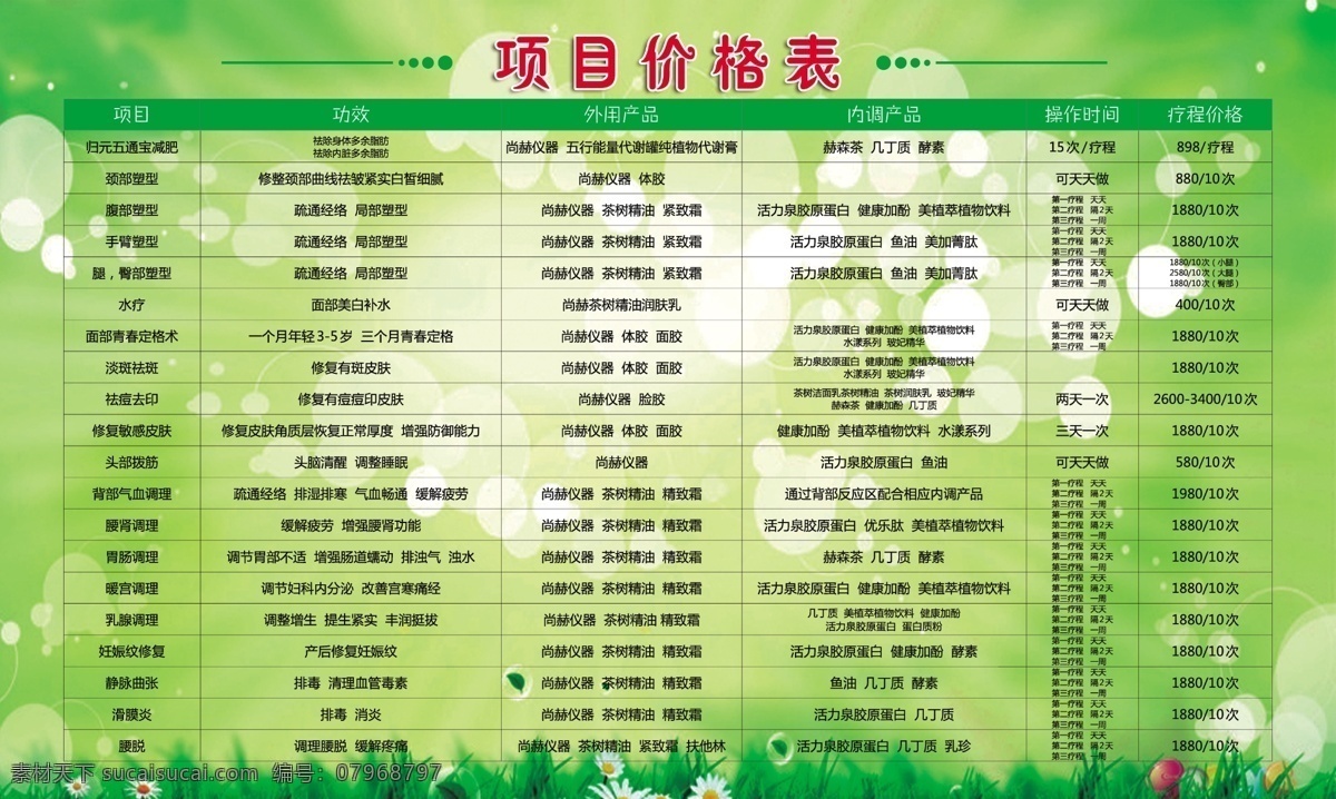 价格表背景 价格表 绿底背景 美容排版 素材大全 宣传图 个性设计 项目价格版 分层